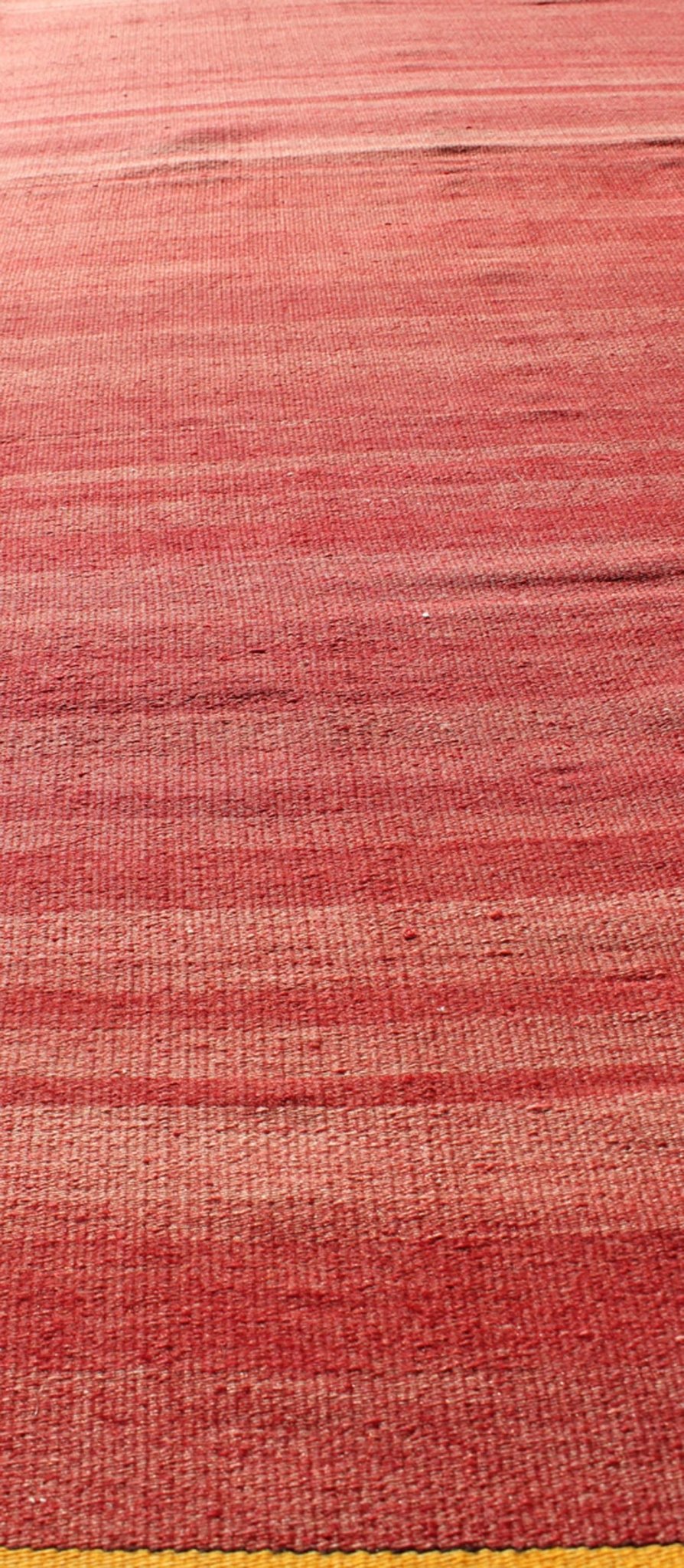 Red, yellow, and salmon pink striped midcentury vintage Turkish Kilim rug, rug ned - 143, country of origin / type: Turkey / Kilim, circa mid - 20th century Featuring a repeating horizontal stripe design, this unique midcentury Kilim rug showcases a... - Keivan Woven ArtsTU - NED - 143 - 3568Rug