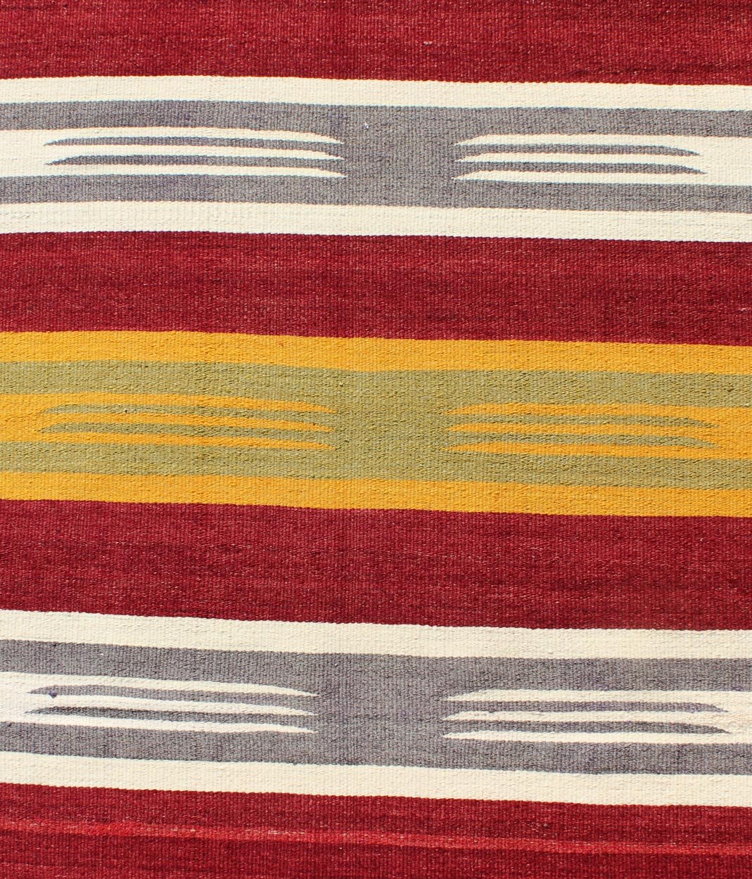 Turkish Kilim Runner with Stripes in Red, Green, Yellow, Ivory, Gray. Keivan Woven Arts / rug TU - NED - 146, country of origin / type: Turkey / Kilim, circa mid - 20th century Measures: 2'8 x 8'7. Woven during the mid - 20th century in Turkey, this desi... - Keivan Woven ArtsTU - NED - 146 - 3926Rug
