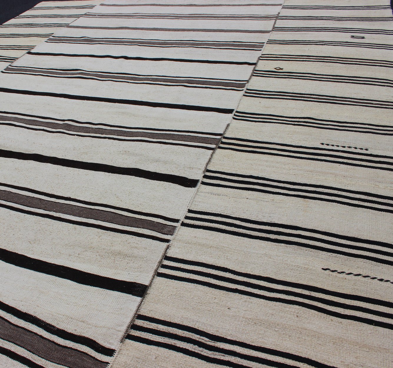 Vintage Large Kilim Turkish Rug With Vertical Stripes in Cream and Brown Stripes Keivan Woven Arts Flat - weave Kilim vintage rug from Turkey with stripes in brown, black and cream. Rug TU - NED - 2003 - 4, country of origin / type: Turkey / Kilim, circ... - Keivan Woven ArtsTU - NED - 2003 - 4 - 12869Rug