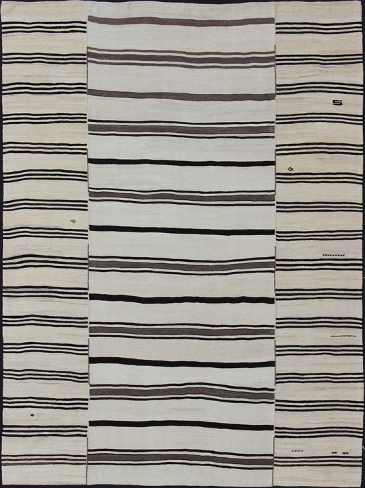 Vintage Large Kilim Turkish Rug With Vertical Stripes in Cream and Brown Stripes Keivan Woven Arts Flat - weave Kilim vintage rug from Turkey with stripes in brown, black and cream. Rug TU - NED - 2003 - 4, country of origin / type: Turkey / Kilim, circ... - Keivan Woven ArtsTU - NED - 2003 - 4 - 12869Rug