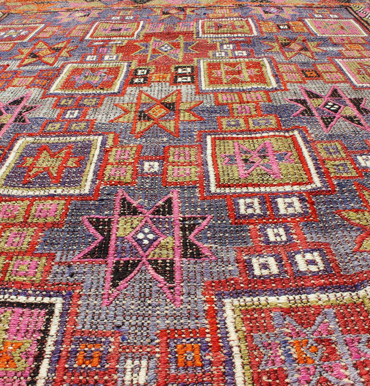 Vintage Embroidered Flat Weave Kilim Rug with Geometrics and Squared Design. Measures: 5'8 x 8'7. Rendered in star shapes with a spotted and speckled assortment of geometric elements, this unique Mid - Century Jajeem/Jijim/Kilim showcases an array ... - Keivan Woven ArtsTU - NED - 201 - 6398Rug