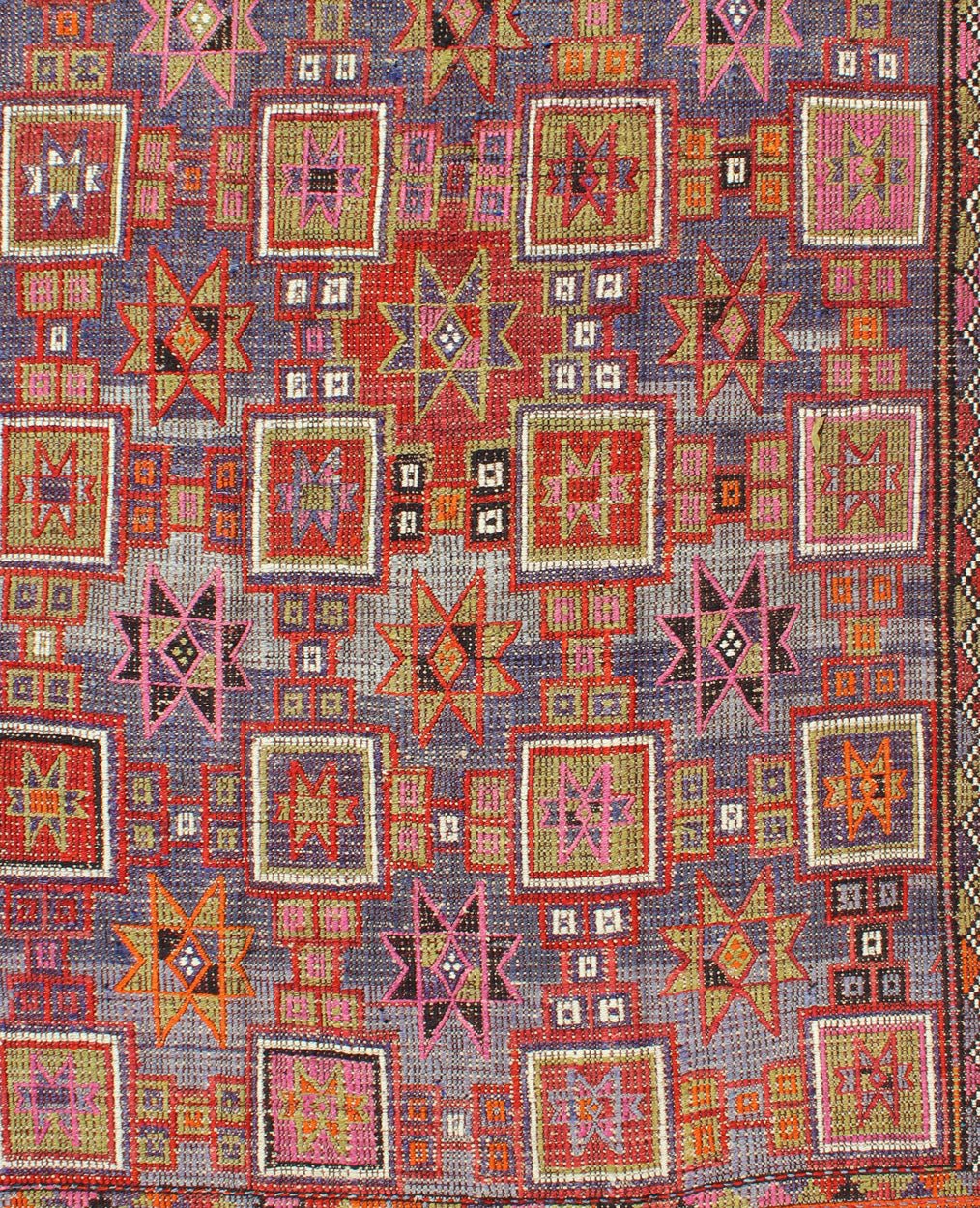 Vintage Embroidered Flat Weave Kilim Rug with Geometrics and Squared Design. Measures: 5'8 x 8'7. Rendered in star shapes with a spotted and speckled assortment of geometric elements, this unique Mid - Century Jajeem/Jijim/Kilim showcases an array ... - Keivan Woven ArtsTU - NED - 201 - 6398Rug