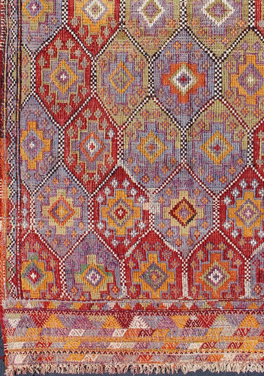 Vintage Embroidered Flat Weave Jajeem Kilim Rug With Geometric Diamond Design. Vintage Embroidered Flat Weave Jajeem Rug with Geometric Diamond Design, Keivan Woven Arts/ rug/TU - NED - 204, country of origin / type: Turkey / Kilim, circa mid - 20th ... - Keivan Woven ArtsTU - NED - 204 - 6404Rug