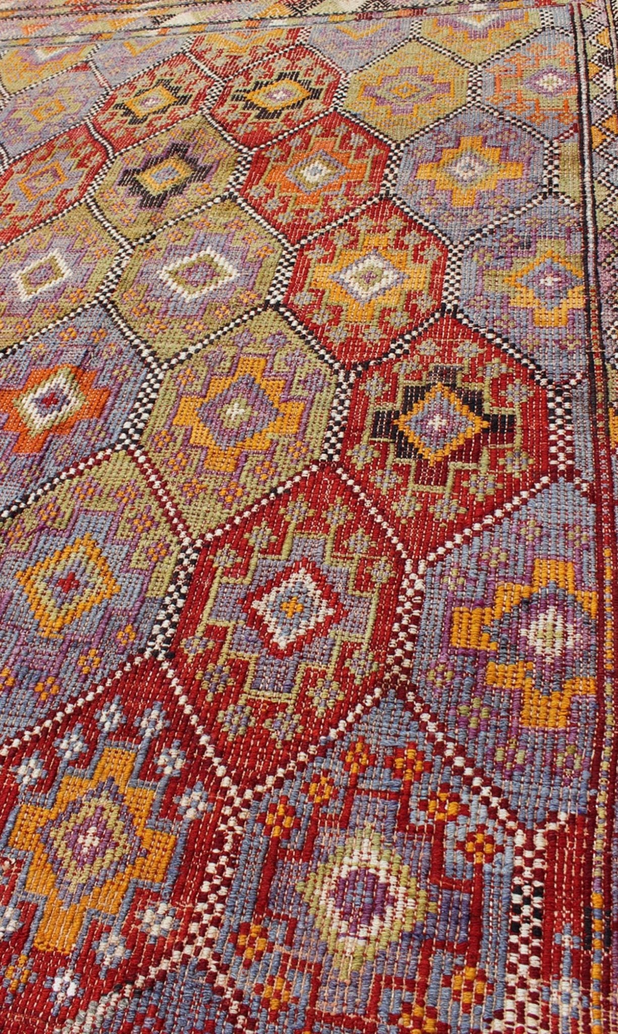Vintage Embroidered Flat Weave Jajeem Kilim Rug With Geometric Diamond Design. Vintage Embroidered Flat Weave Jajeem Rug with Geometric Diamond Design, Keivan Woven Arts/ rug/TU - NED - 204, country of origin / type: Turkey / Kilim, circa mid - 20th ... - Keivan Woven ArtsTU - NED - 204 - 6404Rug
