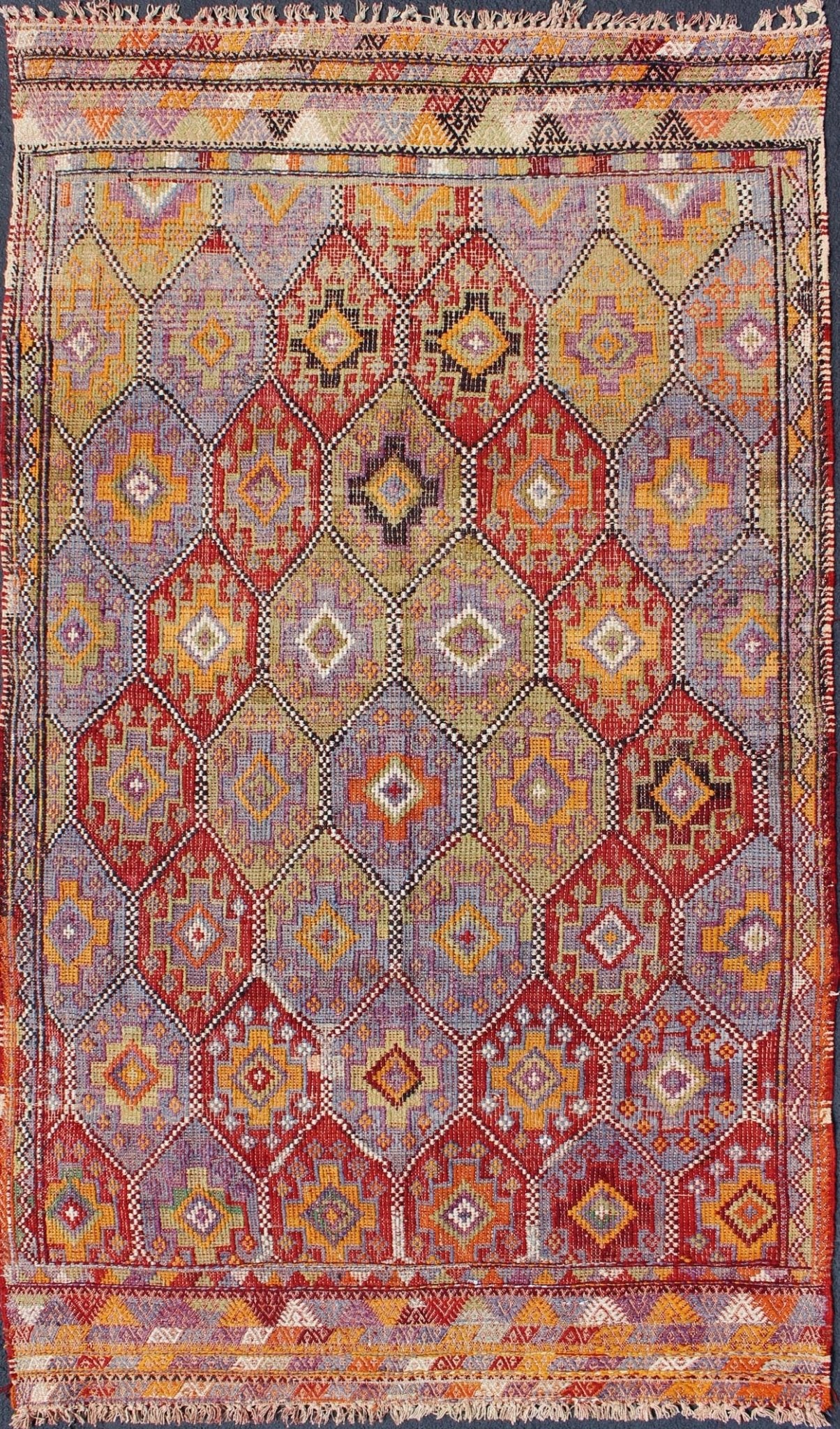 Vintage Embroidered Flat Weave Jajeem Kilim Rug With Geometric Diamond Design. Vintage Embroidered Flat Weave Jajeem Rug with Geometric Diamond Design, Keivan Woven Arts/ rug/TU - NED - 204, country of origin / type: Turkey / Kilim, circa mid - 20th ... - Keivan Woven ArtsTU - NED - 204 - 6404Rug