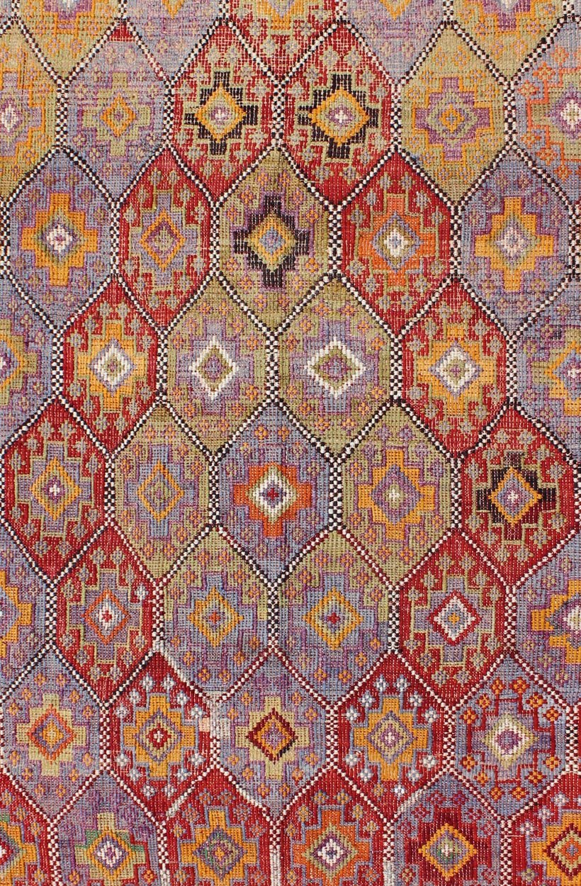 Vintage Embroidered Flat Weave Jajeem Kilim Rug With Geometric Diamond Design. Vintage Embroidered Flat Weave Jajeem Rug with Geometric Diamond Design, Keivan Woven Arts/ rug/TU - NED - 204, country of origin / type: Turkey / Kilim, circa mid - 20th ... - Keivan Woven ArtsTU - NED - 204 - 6404Rug