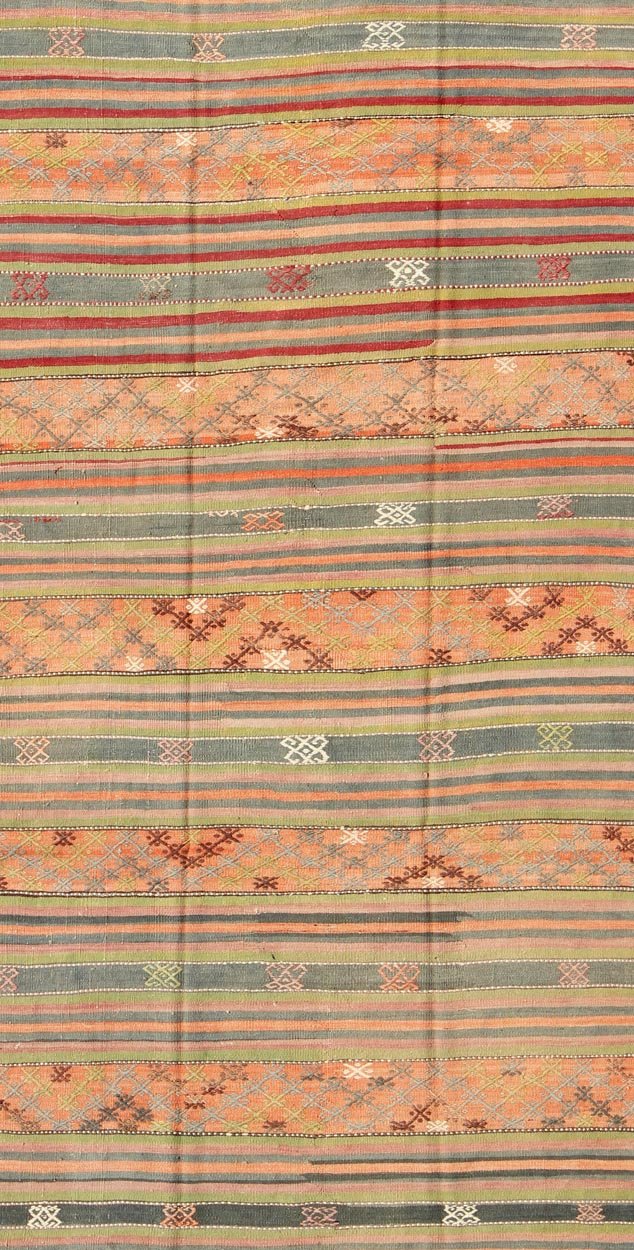 Vintage Turkish Kilim rug with geometric shapes and colorful stripes, rug ned - 28, country of origin / type: turkey / Kilim, circa mid - 20th century Featuring geometric shapes rendered in a repeating horizontal stripe design, this unique Mid - Centu... - Keivan Woven ArtsTU - NED - 28 - 3078Rug