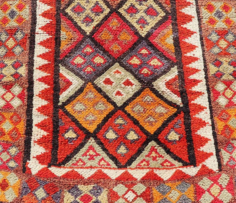 Measures: 2'9 x 9'10 Multicolored Midcentury Turkish Kurdish Oushak Runner with Diamonds and Stars. Keivan Woven Arts / rug TU - NED - 4692, country of origin / type: Iran / Kurdish Oushak, circa 1950 This Kurdish tribal rug was woven by Kurdish wea... - Keivan Woven ArtsTU - NED - 4692 - 22129Rug
