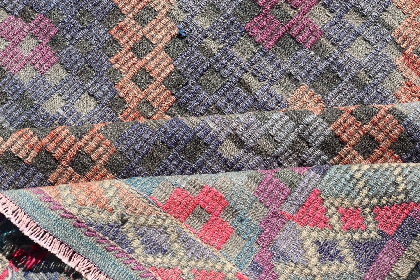 Measures: 6'5 x 7'1 Turkish Vintage Kilim with All - Over Geometric Diamond Design in Multicolor. Keivan Woven Arts / rug TU - NED - 4696, country of origin / type: Turkey / Kilim, circa Mid - 20th Century. This geometric embroidered flat weave from Tur... - Keivan Woven ArtsTU - NED - 4696 - 22147Rug