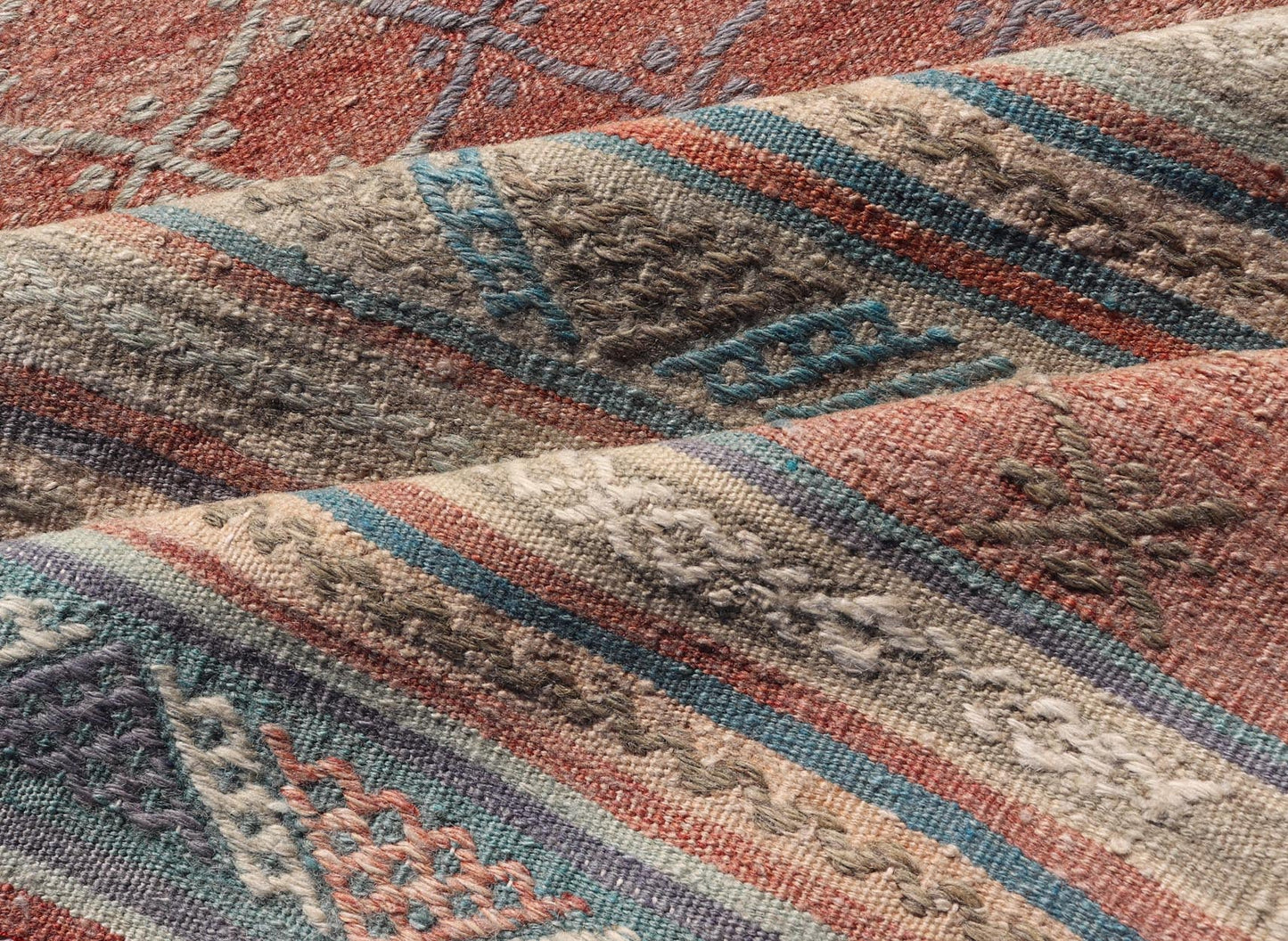 Measures: 2'8 x 9'9 Vintage Colorful Kilim Runner with Stripe Design in Orange, Gray, & Light Green. Keivan Woven Arts / rug TU - NED - 5006, country of origin / type: Turkey / Kilim, circa 1950. Featuring a striking stripe design, this unique 1950s... - Keivan Woven ArtsTU - NED - 5006 - 22201Rug