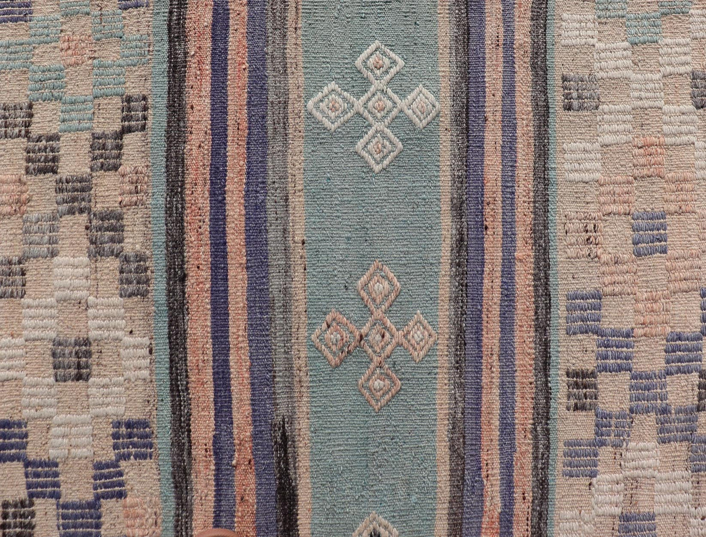 Measures: 3'1 x 5'7 Stripe Design Turkish Vintage Flat - Weave Rug In Light Green, Purple, and Peach. Keivan Woven Arts / rug TU - NED - 5016, country of origin / type: Turkey / Kilim, circa 1960 This vintage Turkish Kilim rug features a contemporary ... - Keivan Woven ArtsTU - NED - 5016 - 21706Rug