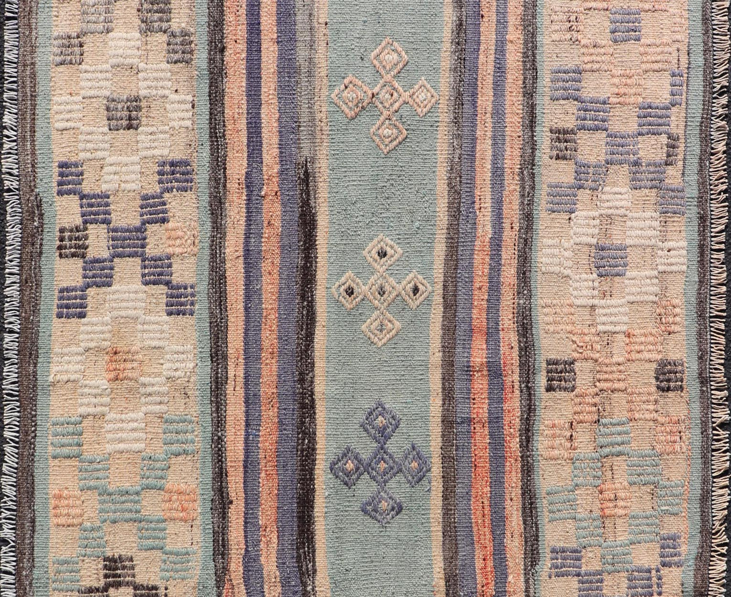 Measures: 3'1 x 5'7 Stripe Design Turkish Vintage Flat - Weave Rug In Light Green, Purple, and Peach. Keivan Woven Arts / rug TU - NED - 5016, country of origin / type: Turkey / Kilim, circa 1960 This vintage Turkish Kilim rug features a contemporary ... - Keivan Woven ArtsTU - NED - 5016 - 21706Rug