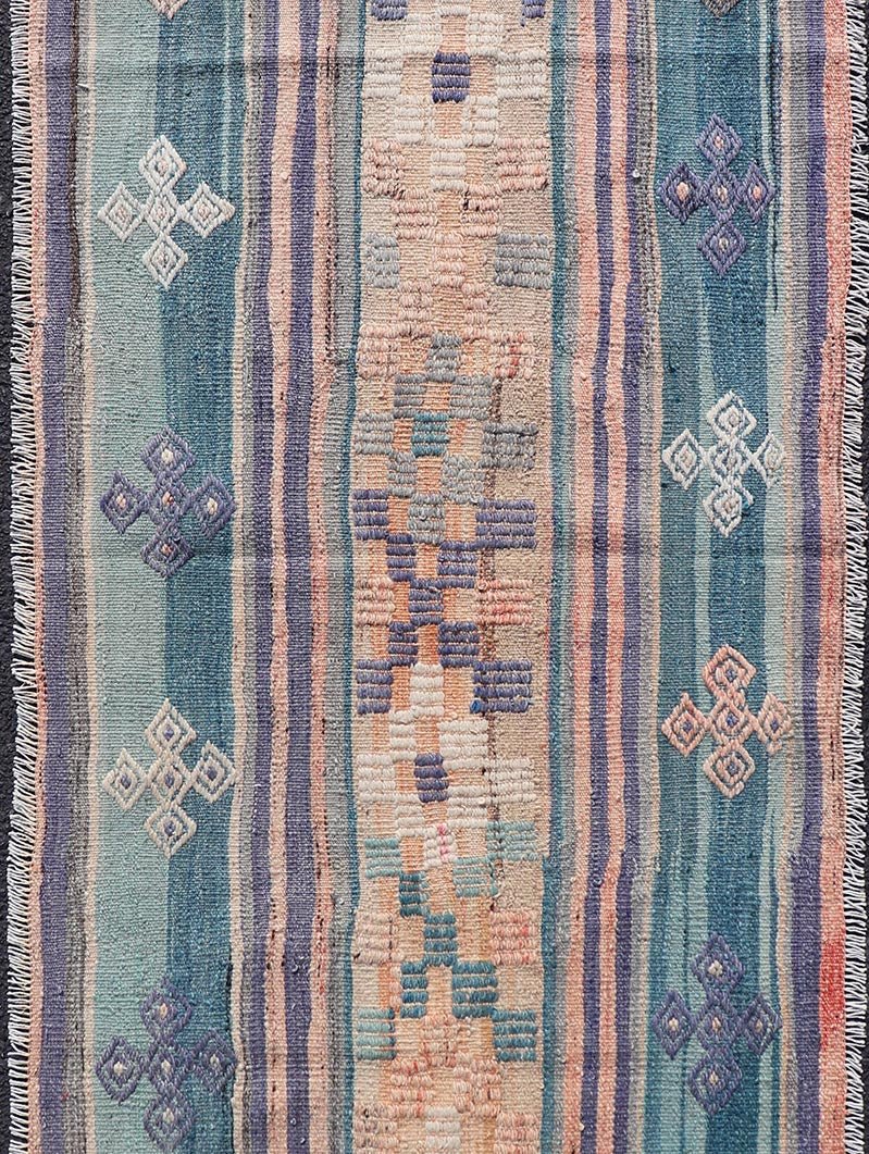 Measures: 2'6 x 5'6 Stripe Design Turkish Vintage Flat - Weave Rug In Light Green, Purple, and Peach. Keivan Woven Arts / rug TU - NED - 5017, country of origin / type: Turkey / Kilim, circa 1960 This vintage Turkish Kilim rug features a contemporary ... - Keivan Woven ArtsTU - NED - 5017 - 21681Rug