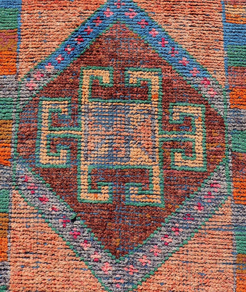 Measures: 2'10 x 9'9 Multicolored Mid - Century Turkish Kurdish Oushak Runner With Large Medallions. Keivan Woven Arts / rug TU - NED - 5020, country of origin / type: Iran / Kurdish Oushak, circa 1960 This Kurdish tribal rug was woven by Kurdish weav... - Keivan Woven ArtsTU - NED - 5020 - 22261Rug