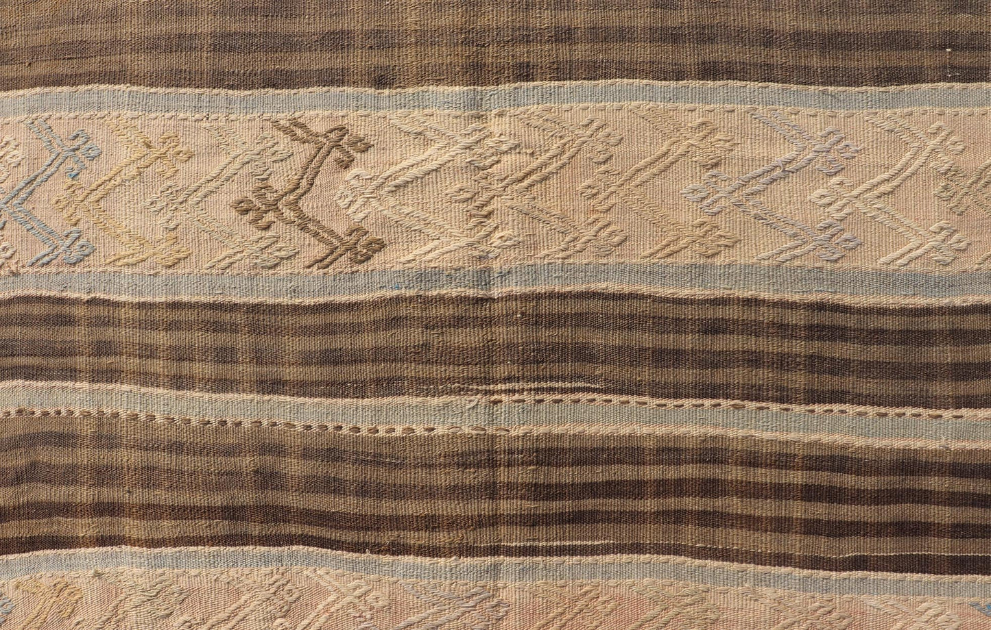 Measures: 4'6 x 6'1 Vintage Turkish Flat - Weave Striped Kilim in Taupe, Brown, and Light Blue. Keivan Woven Arts/ rug TU - NED - 5036, country of origin / type: Turkey / Kilim, circa 1960 This vintage flat - woven Kilim features a Minimalist design... - Keivan Woven ArtsTU - NED - 5036 - 22321Rug
