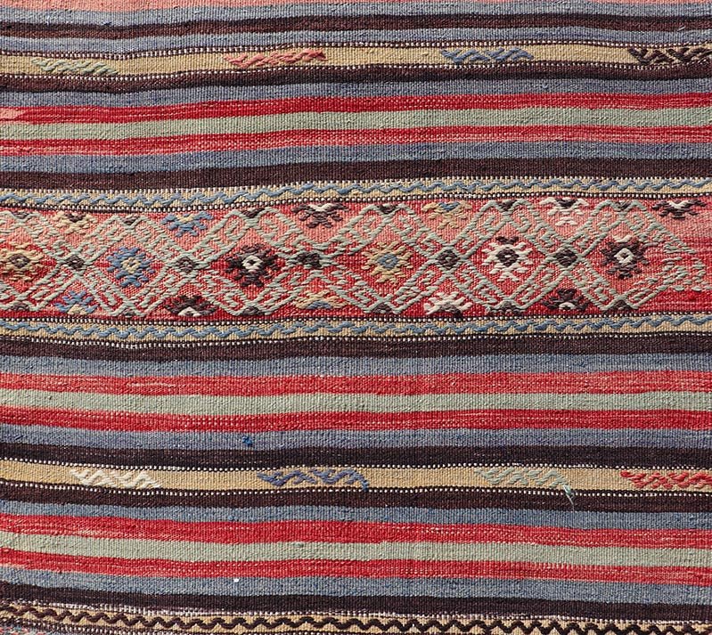 Turkish Vintage Kilim with Horizontal Stripes and Tribal Motifs Measures: 2'5 x 9'4 Turkish Vintage Kilim with Horizontal Stripes and Tribal Motifs. Keivan Woven Arts / rug TU - NED - 5046, country of origin / type: Turkey / Kilim, circa Mid - 20th C... - Keivan Woven ArtsTU - NED - 5046 - 22363Rug