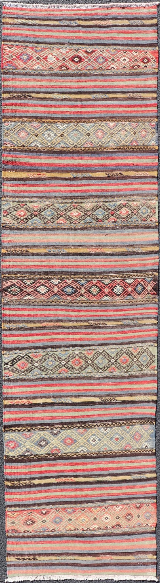 Vintage Turkish Kilim with Horizontal Stripes and Tribal Motifs in Bright Tones. Hand Woven vintage Turkish Kilim in colors with hand woven motifs with stripes, Keivan Woven Arts / rug TU - NED - 5047, country of origin / type: Turkey / Kilim, circ... - Keivan Woven ArtsTU - NED - 5047 - 22369Rug