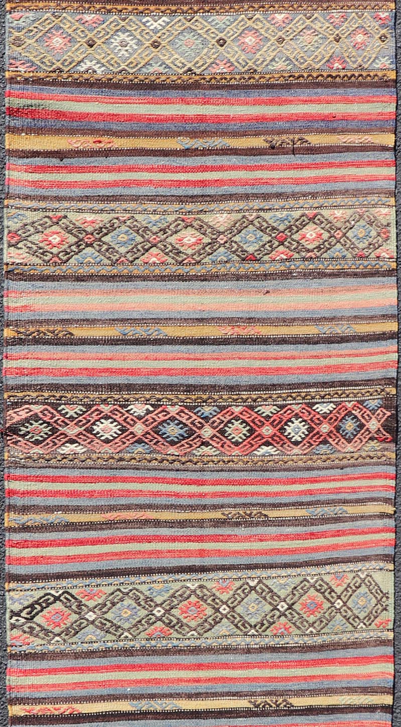 Vintage Turkish Kilim with Horizontal Stripes and Tribal Motifs in Bright Tones. Hand Woven vintage Turkish Kilim in colors with hand woven motifs with stripes, Keivan Woven Arts / rug TU - NED - 5047, country of origin / type: Turkey / Kilim, circ... - Keivan Woven ArtsTU - NED - 5047 - 22369Rug