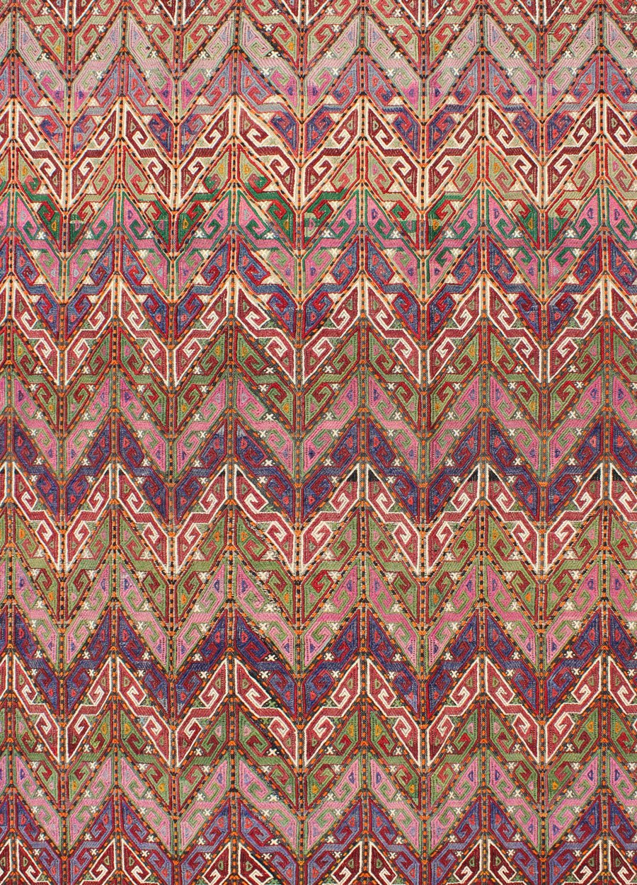Colorful Vintage Turkish Embroidered Flat - Weave With All - Over Tribal Design well suited for a modern setting or modern interiors as well as mountain houses. Tribal vintage Embroidered Flat - Weave in Modern design. Vintage Turkish flat - weave Tr... - Keivan Woven ArtsTU - NED - 566 - 6899Rug