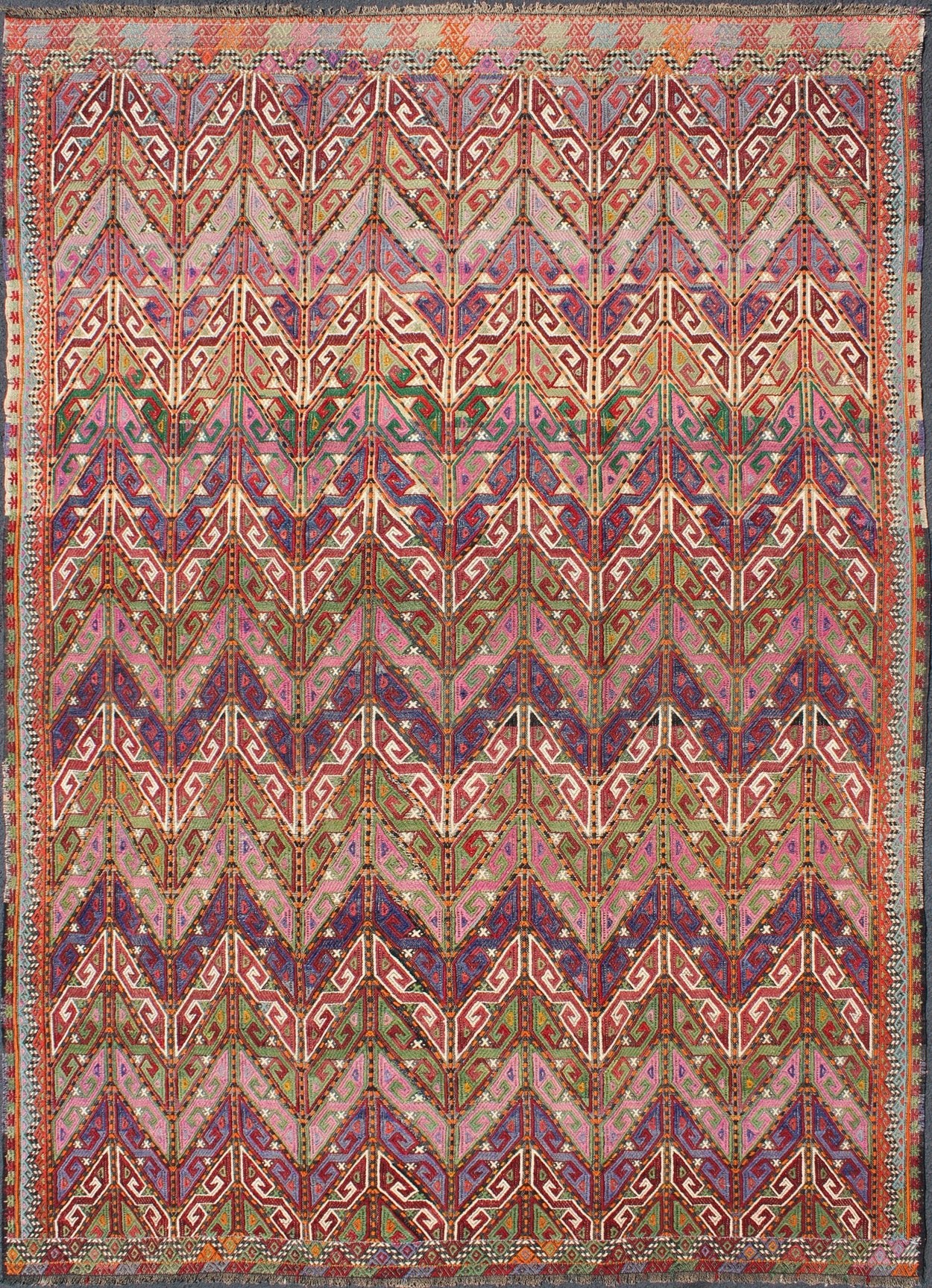 Colorful Vintage Turkish Embroidered Flat - Weave With All - Over Tribal Design well suited for a modern setting or modern interiors as well as mountain houses. Tribal vintage Embroidered Flat - Weave in Modern design. Vintage Turkish flat - weave Tr... - Keivan Woven ArtsTU - NED - 566 - 6899Rug