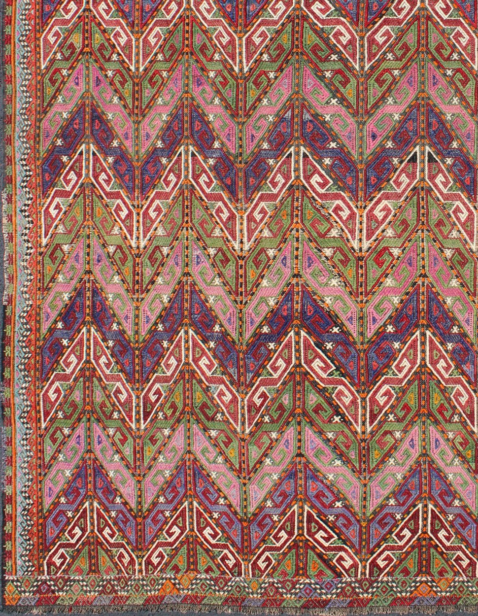 Colorful Vintage Turkish Embroidered Flat - Weave With All - Over Tribal Design well suited for a modern setting or modern interiors as well as mountain houses. Tribal vintage Embroidered Flat - Weave in Modern design. Vintage Turkish flat - weave Tr... - Keivan Woven ArtsTU - NED - 566 - 6899Rug