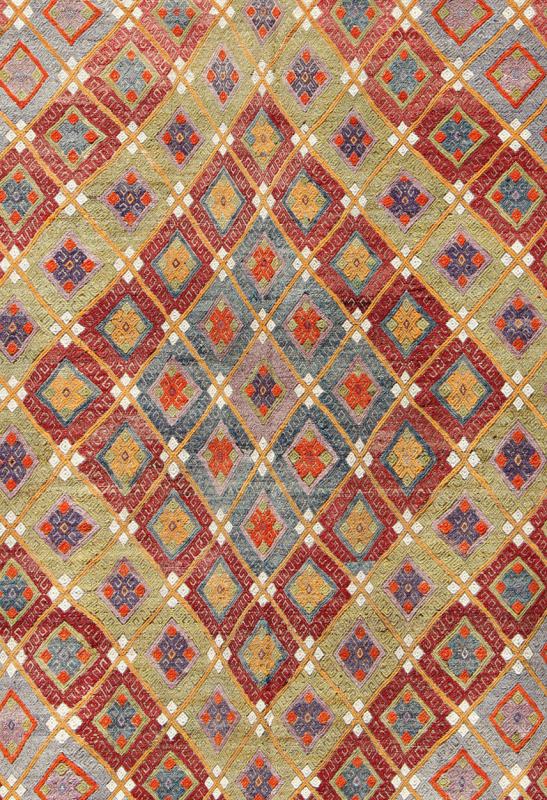 Colorful Kilim/Jijim with Diamonds - Featuring tribal shapes with a spotted and speckled assortment of geometric elements, this unique Mid - Century Jajeem showcases an array of rich colorful tones that have been softened by age. Colors include crimson red... - Keivan Woven ArtsTU - NED - 578 - 6911Rug