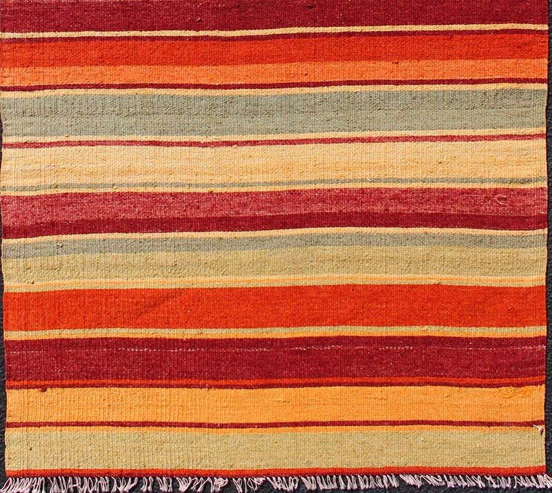 Vintage Turkish Kilim Runner with Stripes in Red, Green, Yellow, and Orange Turkish Kilim runner with stripes in red, green, yellow, orange, rug TU - NED - 606, country of origin / type: Turkey / Kilim, circa mid - 20th century Woven during th... - Keivan Woven ArtsTU - NED - 606 - 12453Rug
