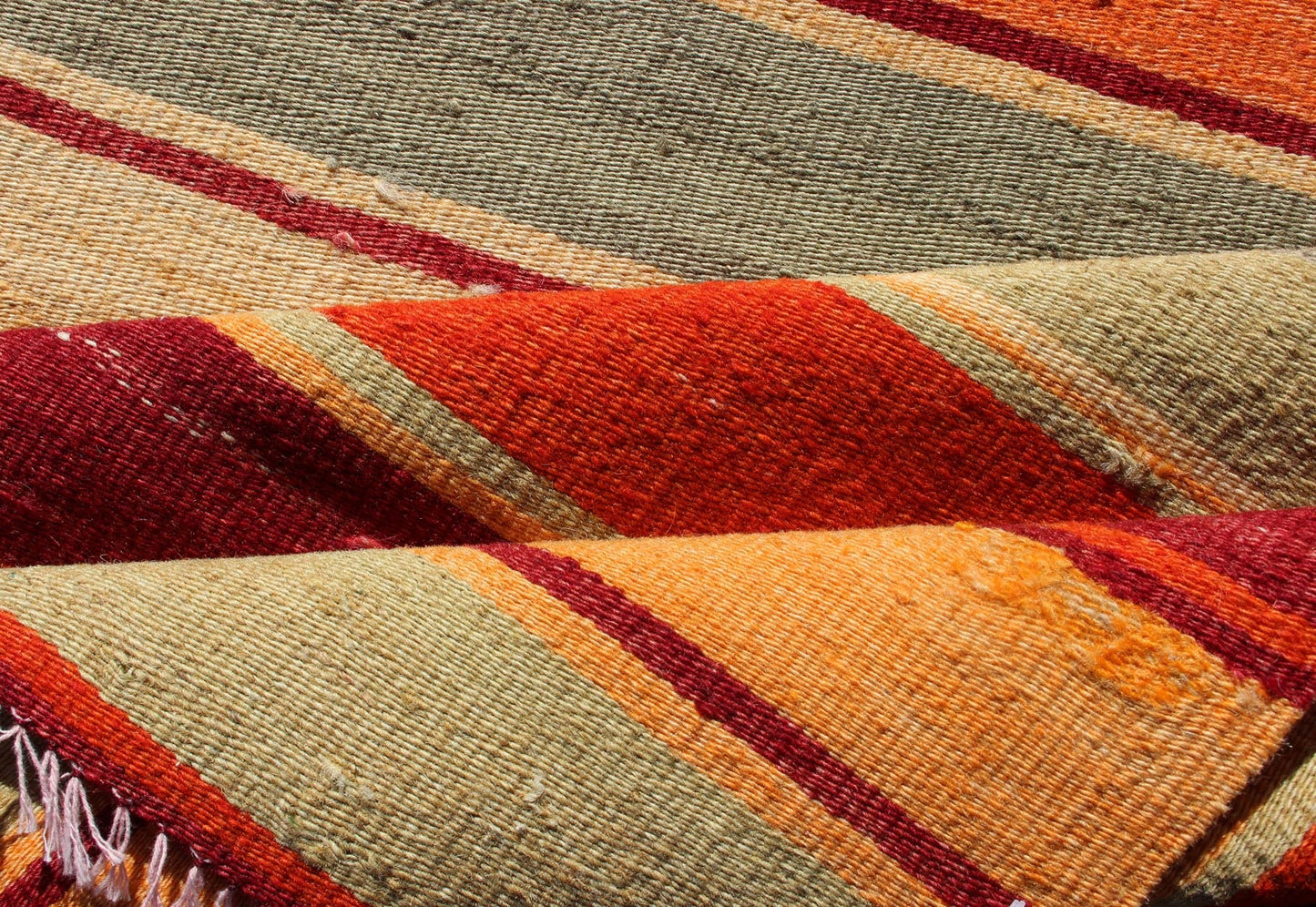 Vintage Turkish Kilim Runner with Stripes in Red, Green, Yellow, and Orange Turkish Kilim runner with stripes in red, green, yellow, orange, rug TU - NED - 606, country of origin / type: Turkey / Kilim, circa mid - 20th century Woven during th... - Keivan Woven ArtsTU - NED - 606 - 12453Rug