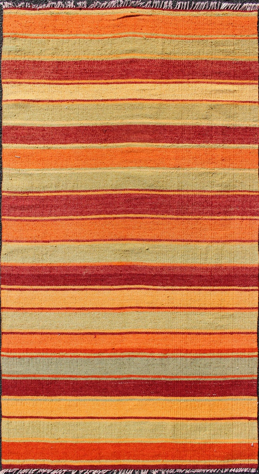 Bright & Colorful Vintage Turkish Kilim in Red, Green, Yellow, and Orange Keivan Woven Arts - Turkish Kilim runner with stripes in red, green, yellow, orange, rug TU - NED - 607, country of origin / type: Turkey / Kilim, circa mid - 20th century Woven d... - Keivan Woven ArtsTU - NED - 607 - 12457Rug