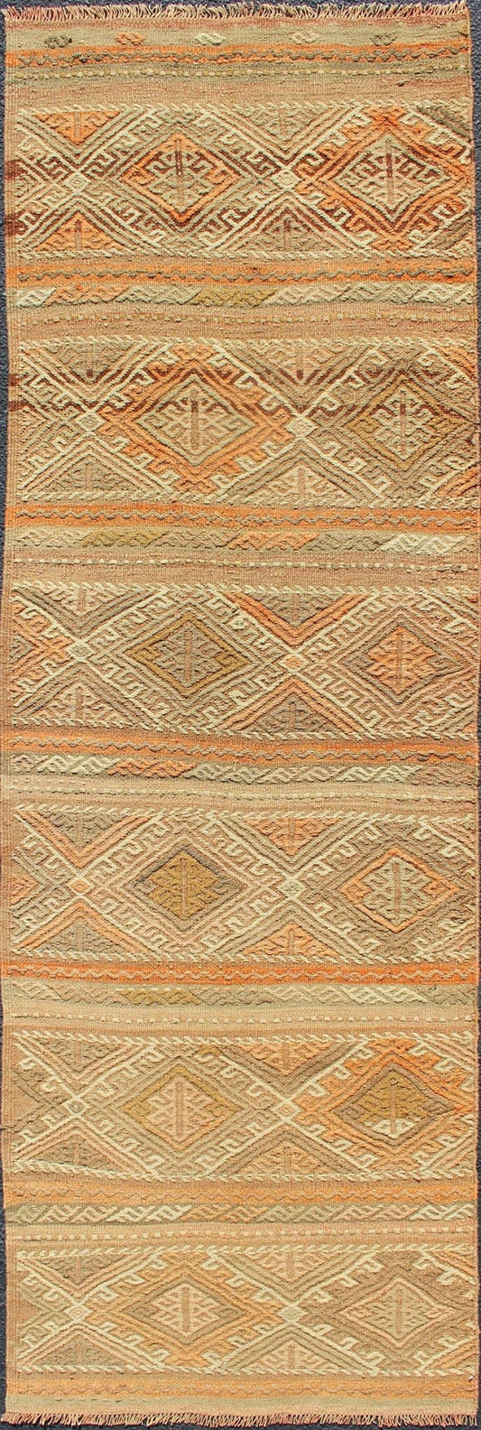 Turkish Kilim vintage carpet in taupe, tan, orange, Keivan Woven Arts / rug TU - NED - 621, country of origin / type: Turkey / Kilim, circa 1950 This Kilim rug from Turkey features a striped design of various geometric patterns rendered in shades of... - Keivan Woven ArtsTU - NED - 621 - 12487Rug