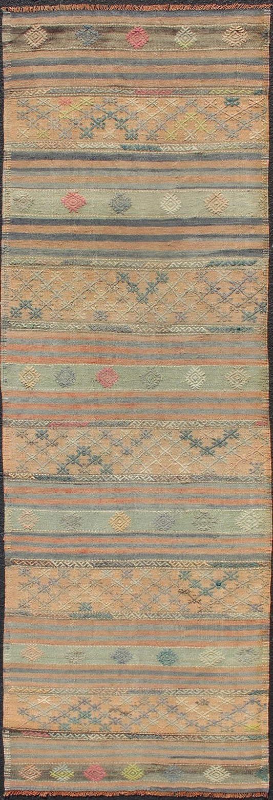 Vintage Turkish Kilim Runner With Geometric Shapes and Colorful Stripes Vintage Turkish Kilim runner with geometric shapes and colorful stripes, Keivan Woven Arts / rug TU - NED - 626, country of origin / type: turkey / Kilim, circa mid - 20th century... - Keivan Woven ArtsTU - NED - 626 - 12491Rug