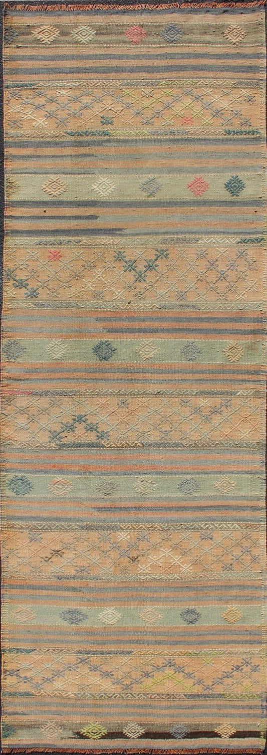 Vintage Turkish Kilim Runner with Geometric Design and Colorful Stripes Vintage Turkish Kilim runner with geometric shapes and colorful stripes, Keivan Woven Arts / rug TU - NED - 627, country of origin / type: turkey / Kilim, circa mid - 20th century... - Keivan Woven ArtsTU - NED - 627 - 12495Rug