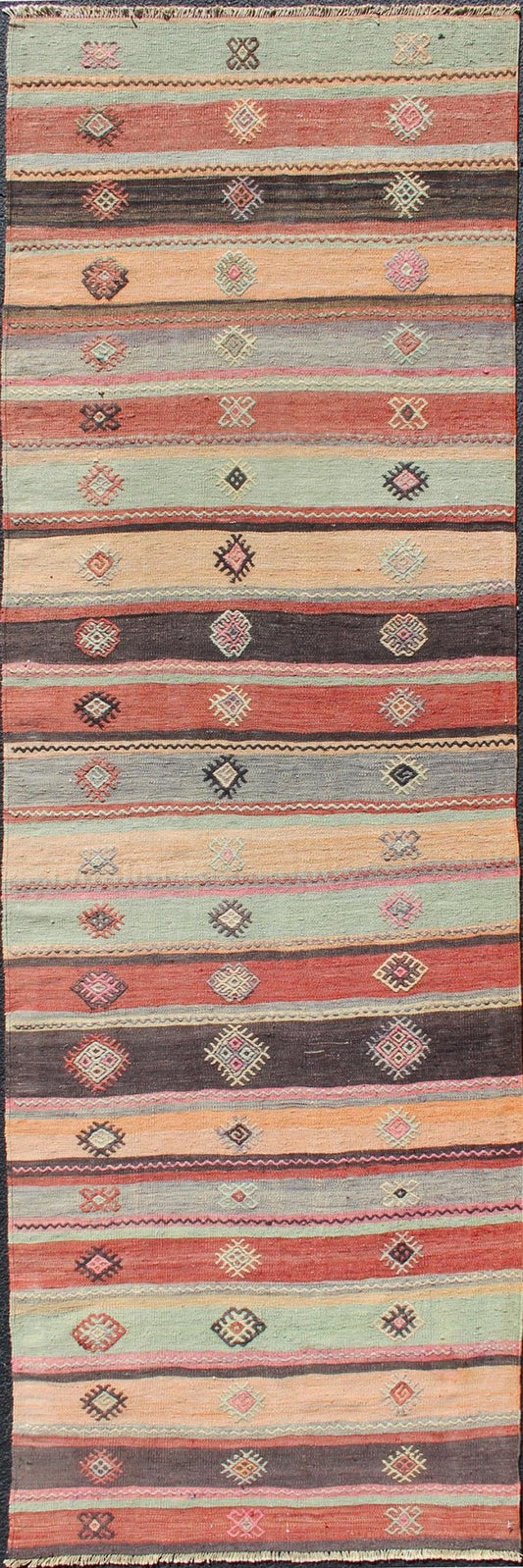 Colorful Vintage Embroidered Kilim Runner with Stripe's and Geometric Prints Keivan Woven Arts / Geometric stripe design Kilim runner in multi - colors, rug TU - NED - 628, country of origin / type: Turkey / Kilim, circa 1950 This vintage Kilim... - Keivan Woven ArtsTU - NED - 628 - 12499Rug