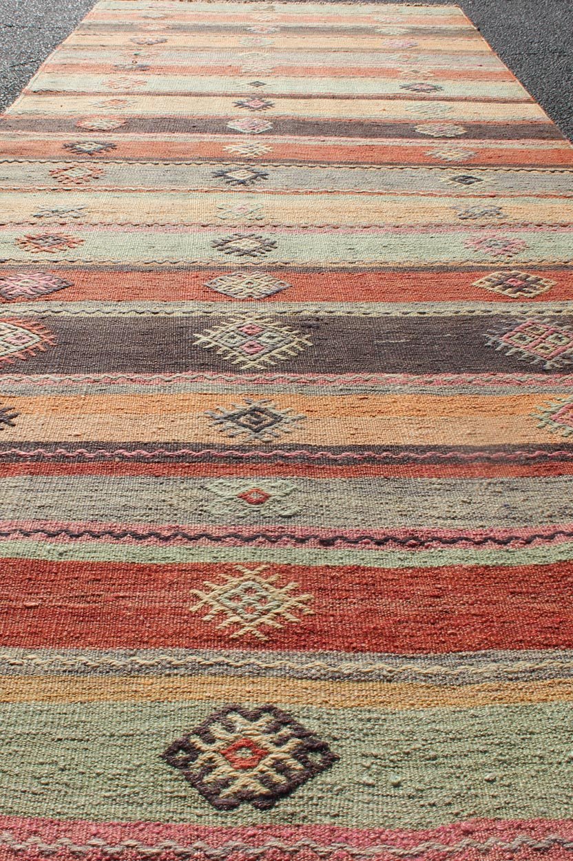 Colorful Vintage Embroidered Kilim Runner with Stripe's and Geometric Prints Keivan Woven Arts / Geometric stripe design Kilim runner in multi - colors, rug TU - NED - 628, country of origin / type: Turkey / Kilim, circa 1950 This vintage Kilim... - Keivan Woven ArtsTU - NED - 628 - 12499Rug