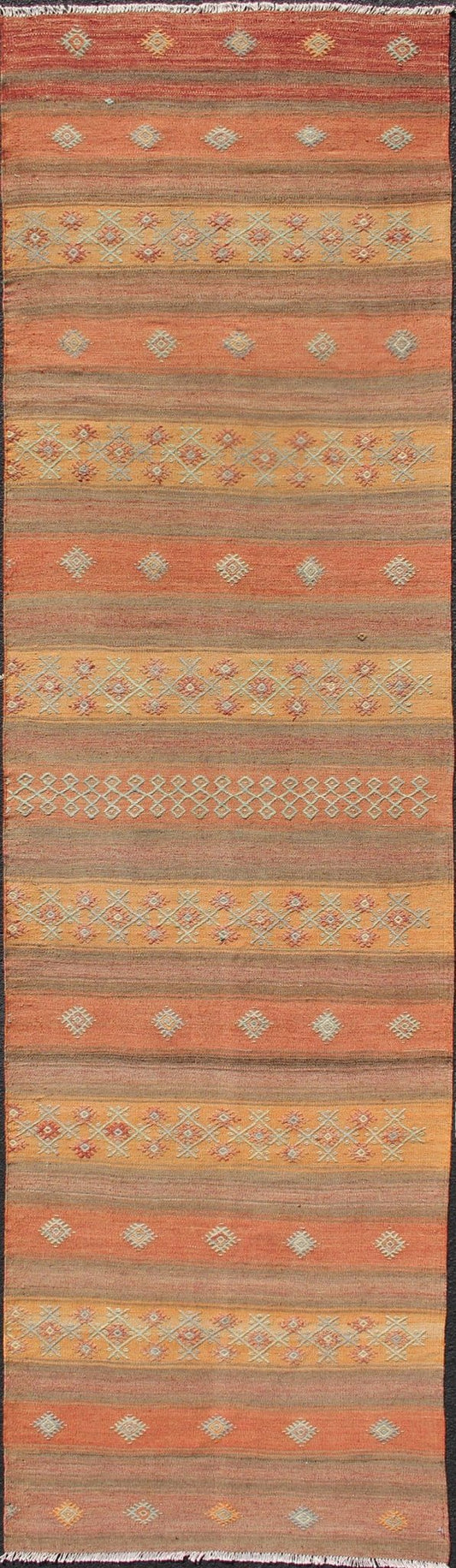 Vintage Hand Woven Turkish Kilim Colorful Stripe Runner With Tribal Motifs Colorful Vintage Turkish Kilim runner with a stripe and modern design, Minimalist stripe design Kilim runner from Turkey, Keivan Woven Arts; rug TU - NED - 630, country of or... - Keivan Woven ArtsTU - NED - 630 - 12505Rug