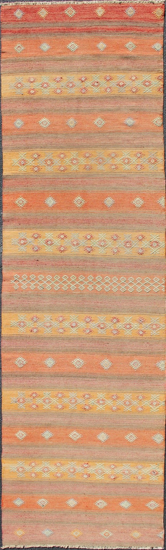 Colorful Vintage Turkish Kilim Rug with Horizontal Stripes and Geometric Shapes Vintage Turkish Kilim runner with horizontal stripes and scattered geometric shapes, rug TU - NED - 631, country of origin / type: Turkey / Kilim, circa mid - 20th century... - Keivan Woven ArtsTU - NED - 631 - 12509Rug