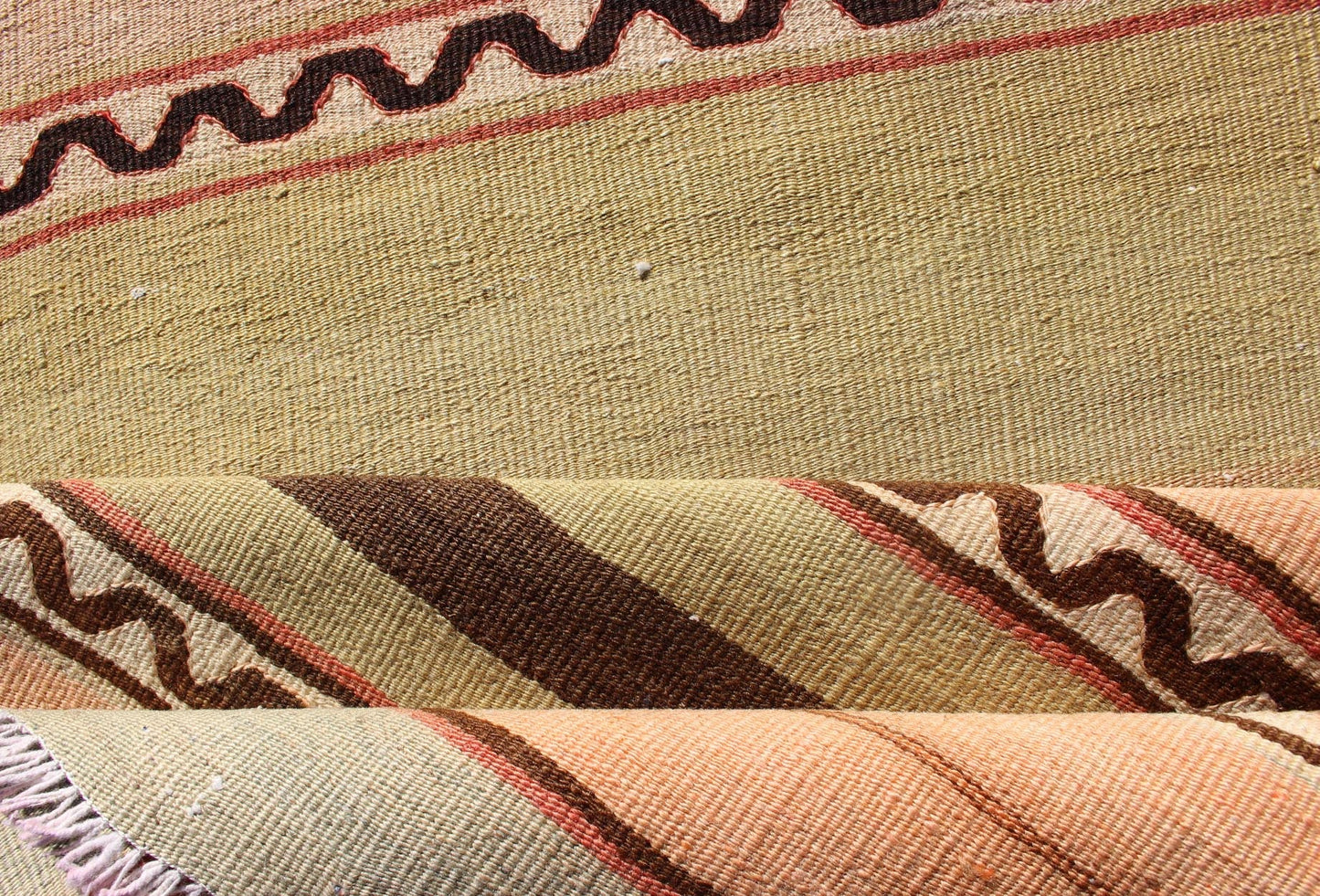 Vintage Turkish Kilim Runner with Stripes in Red, Green, Yellow, and Orange Turkish Kilim runner with stripes in red, green, yellow, orange, Keivan Woven Arts / rug TU - NED - 635, country of origin / type: Turkey / Kilim, circa mid - 20th century ... - Keivan Woven ArtsTU - NED - 635 - 12513Rug