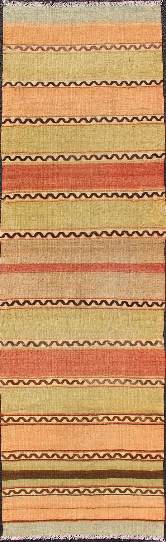 Vintage Turkish Kilim Runner with Stripes in Red, Green, Yellow, and Orange Turkish Kilim runner with stripes in red, green, yellow, orange, Keivan Woven Arts / rug TU - NED - 635, country of origin / type: Turkey / Kilim, circa mid - 20th century ... - Keivan Woven ArtsTU - NED - 635 - 12513Rug