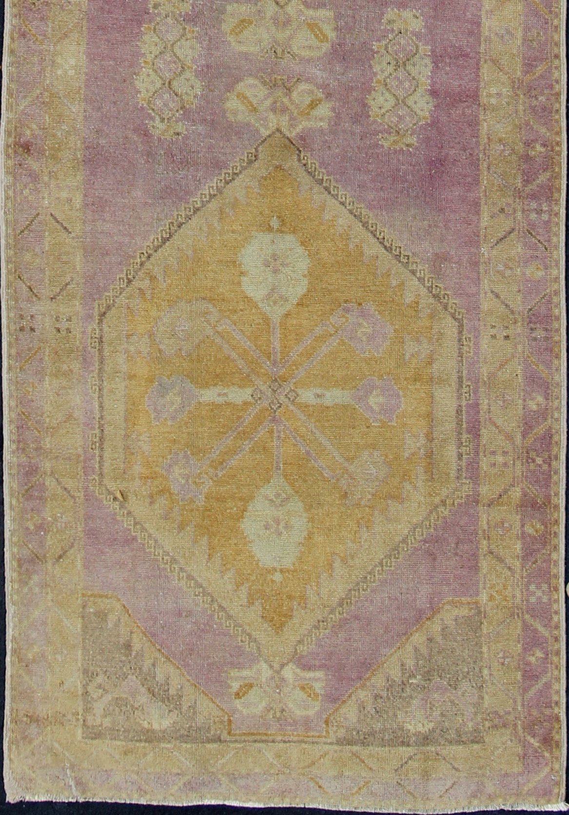 Purple and gold - toned Antique Oushak Runner from Turkey with Medallion Design, rug tu - sim - 03, country of origin / type: Turkey / Oushak, circa 1920 This beautiful vintage Oushak runner from 1920s Turkey features a Classic Oushak design, which is... - Keivan Woven ArtsTU - SIM - 03 - 2418Rug