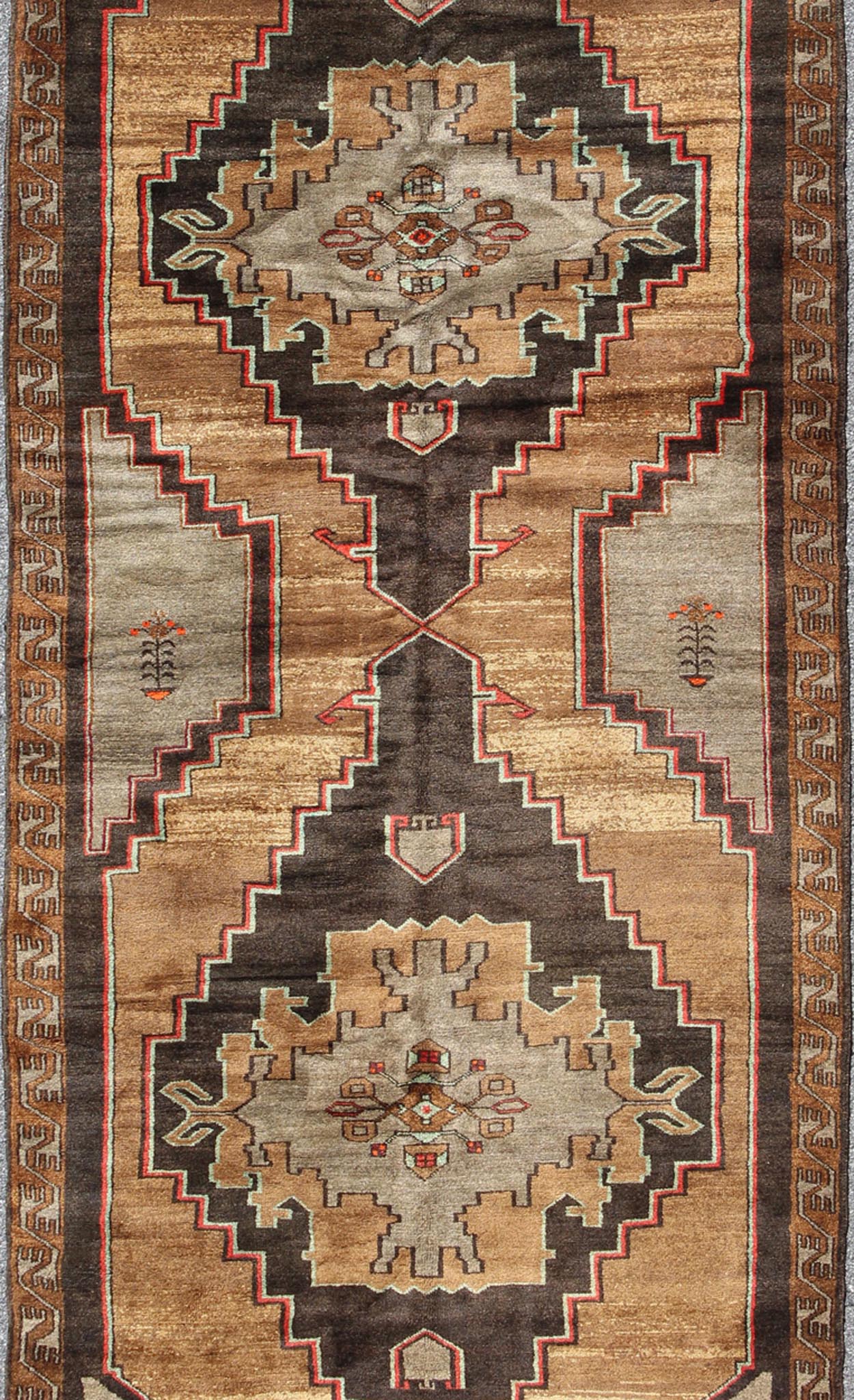 Vintage Turkish Gallery Runner in Gold, Brown, Taupe and Red Accents Rug/TU - SIM - 10, Vintage Konya gallery runner, vintage gallery runner, gallery runner, gallery rug Vintage Gallery Runner - With two central, bold and striking medallions, this p... - Keivan Woven ArtsTU - SIM - 10 - 3914Rug