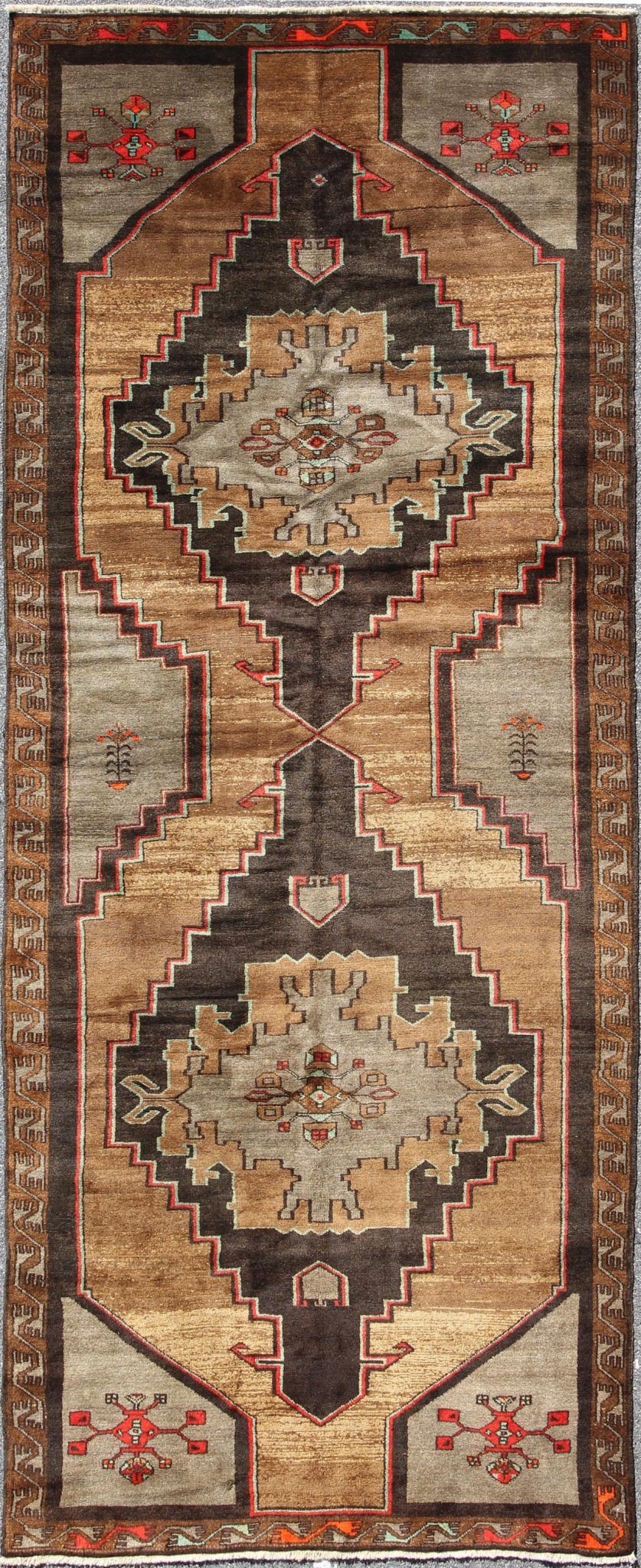 Vintage Turkish Gallery Runner in Gold, Brown, Taupe and Red Accents Rug/TU - SIM - 10, Vintage Konya gallery runner, vintage gallery runner, gallery runner, gallery rug Vintage Gallery Runner - With two central, bold and striking medallions, this p... - Keivan Woven ArtsTU - SIM - 10 - 3914Rug