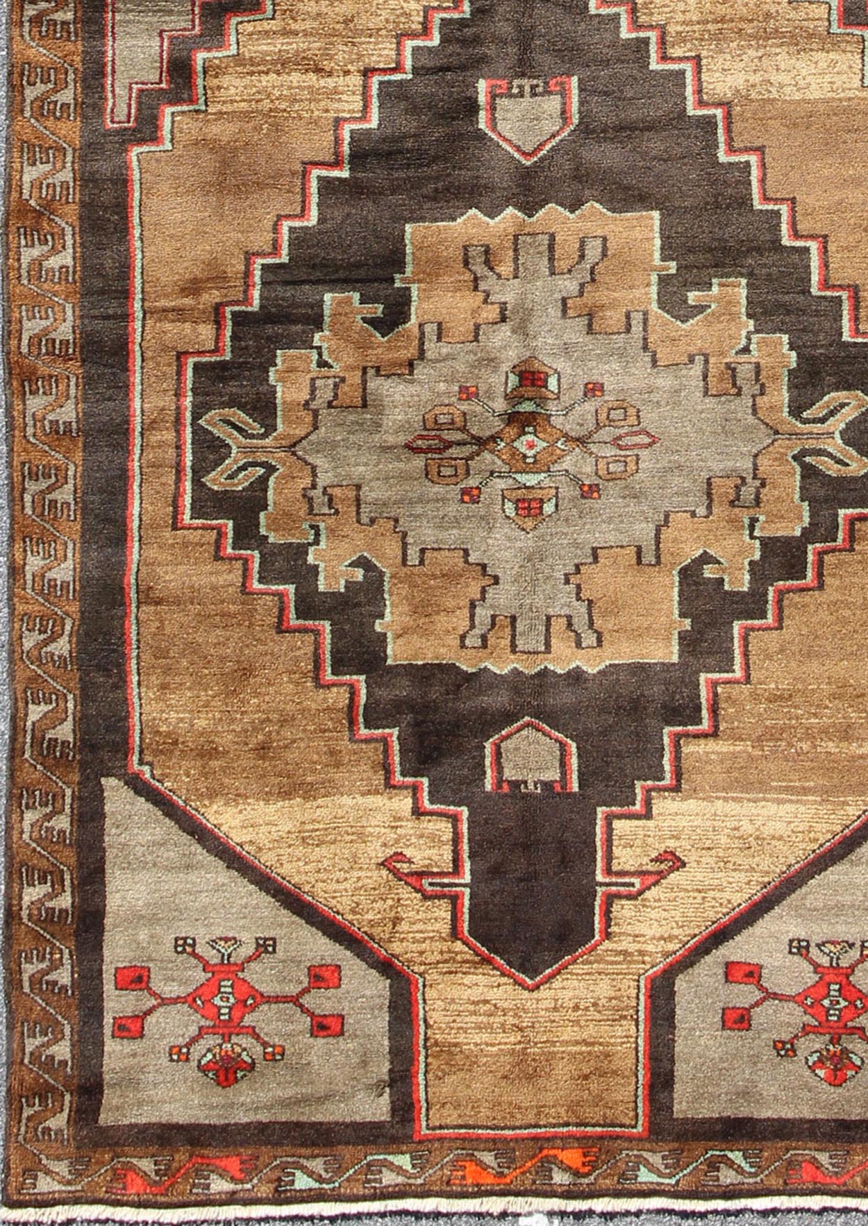 Vintage Turkish Gallery Runner in Gold, Brown, Taupe and Red Accents Rug/TU - SIM - 10, Vintage Konya gallery runner, vintage gallery runner, gallery runner, gallery rug Vintage Gallery Runner - With two central, bold and striking medallions, this p... - Keivan Woven ArtsTU - SIM - 10 - 3914Rug