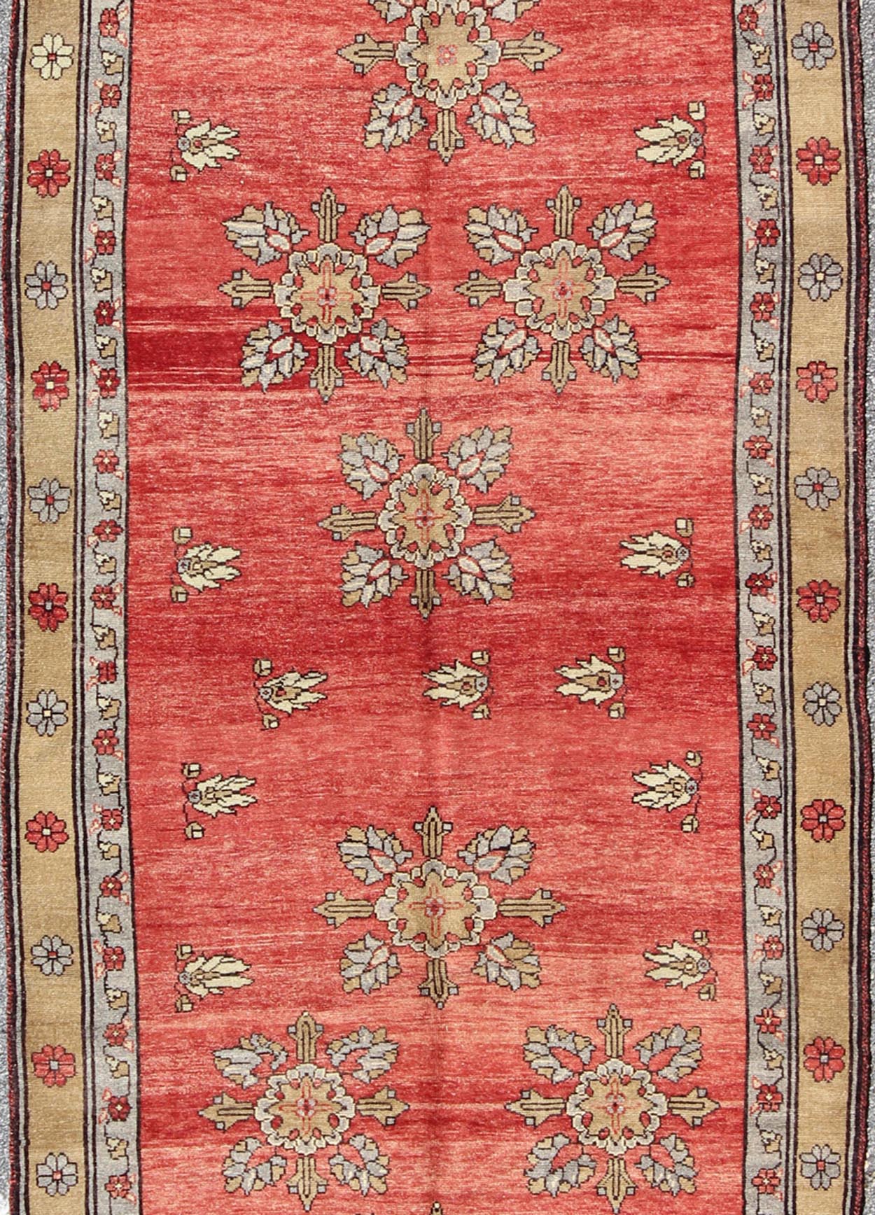 Vintage Turkish Oushak Carpet with Flowers in the Central Field and Borders Produced in mid - 20th century Turkey, this vintage Oushak is characterized by a comely and highly representative Oushak composition. Building on traditional designs, this... - Keivan Woven ArtsTU - SIM - 3641 - 6915Rug