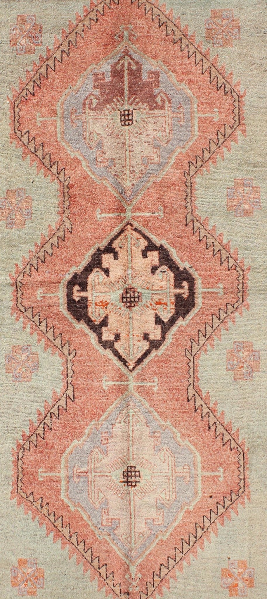 Turkish Oushak Rug This soft color Oushak carpet rests beautifully upon a field of elegant green and tangerine. Three medallions take center stage and are well balanced with a border of cast green, orange and natural brown. This Oushak remains e... - Keivan Woven ArtsTU - TOZ - 136540 - 5032Rug