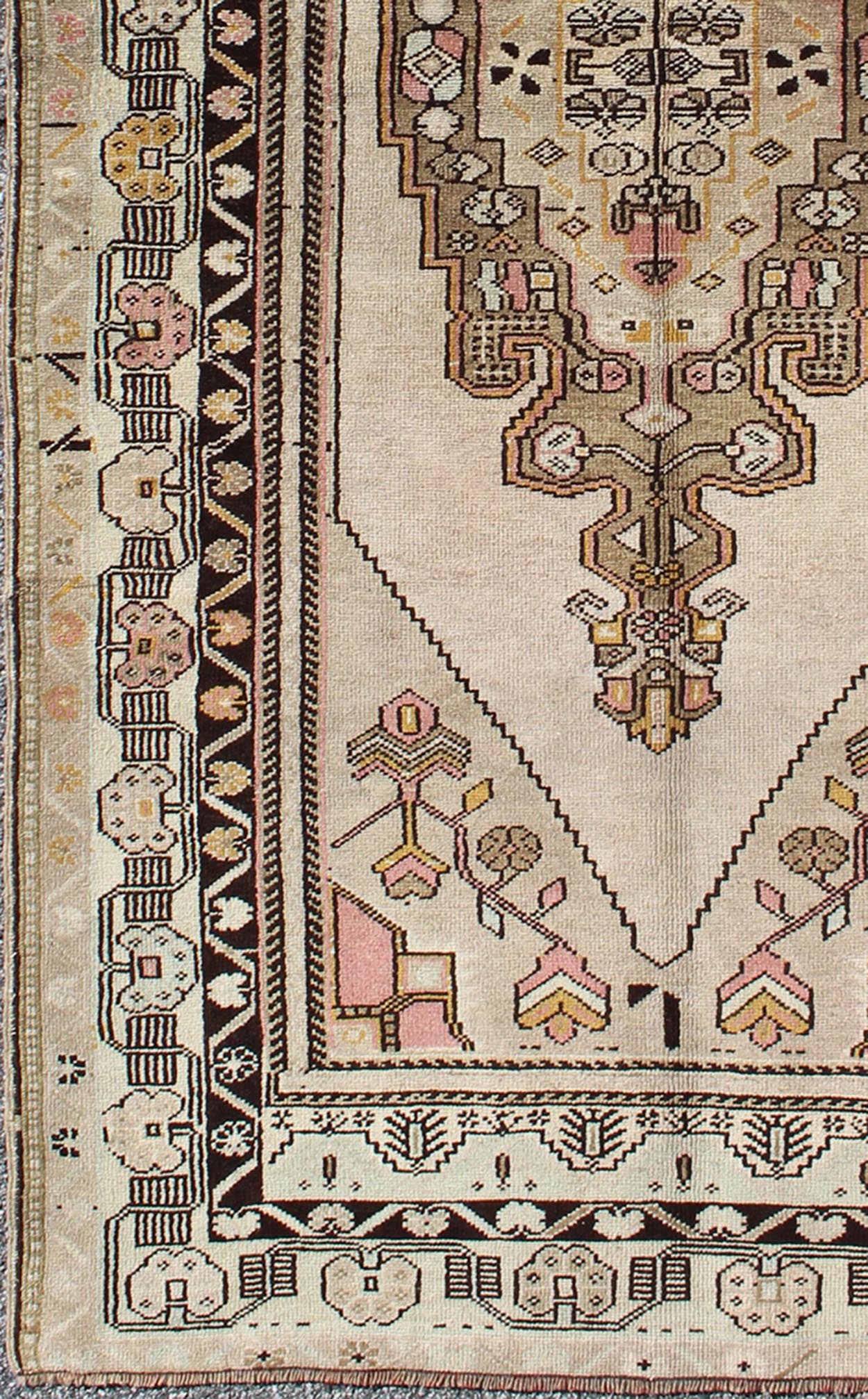 Vintage Turkey Oushak Rug with Tribal Geometric Medallion Design Measures: 3'9 x 7'7 This vintage Turkish Oushak carpet, (circa 1940) features a central medallion design, as well as patterns of smaller tribal - geometric elements in the fo... - Keivan Woven ArtsTU - TRS - 136080 - 4632Rug