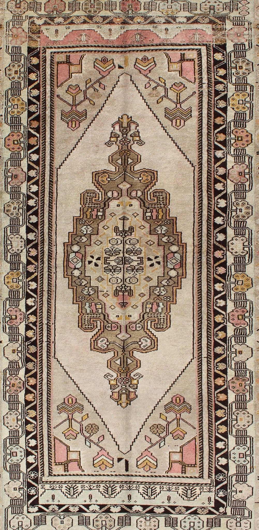 Vintage Turkey Oushak Rug with Tribal Geometric Medallion Design Measures: 3'9 x 7'7 This vintage Turkish Oushak carpet, (circa 1940) features a central medallion design, as well as patterns of smaller tribal - geometric elements in the fo... - Keivan Woven ArtsTU - TRS - 136080 - 4632Rug
