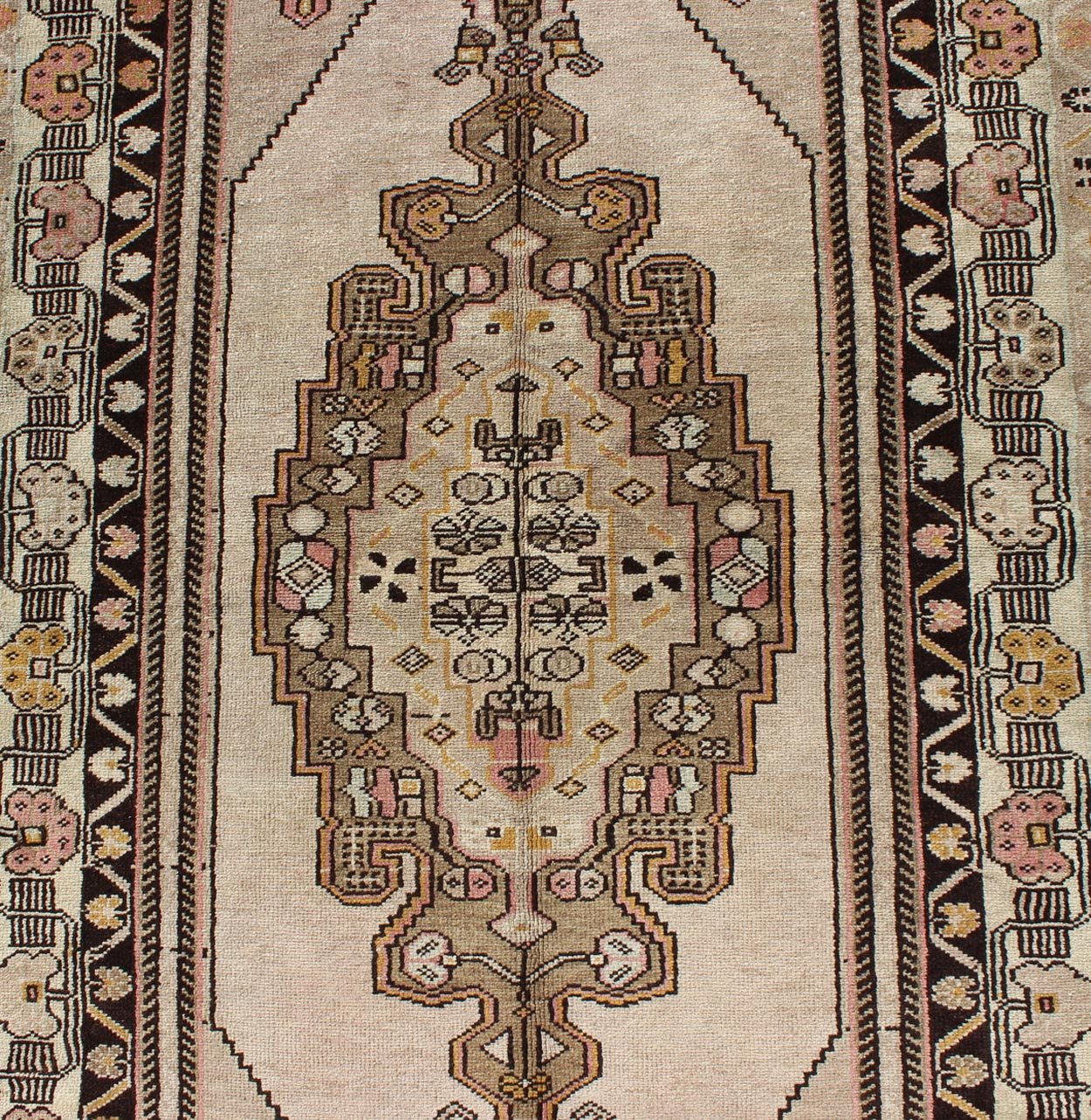 Vintage Turkey Oushak Rug with Tribal Geometric Medallion Design Measures: 3'9 x 7'7 This vintage Turkish Oushak carpet, (circa 1940) features a central medallion design, as well as patterns of smaller tribal - geometric elements in the fo... - Keivan Woven ArtsTU - TRS - 136080 - 4632Rug