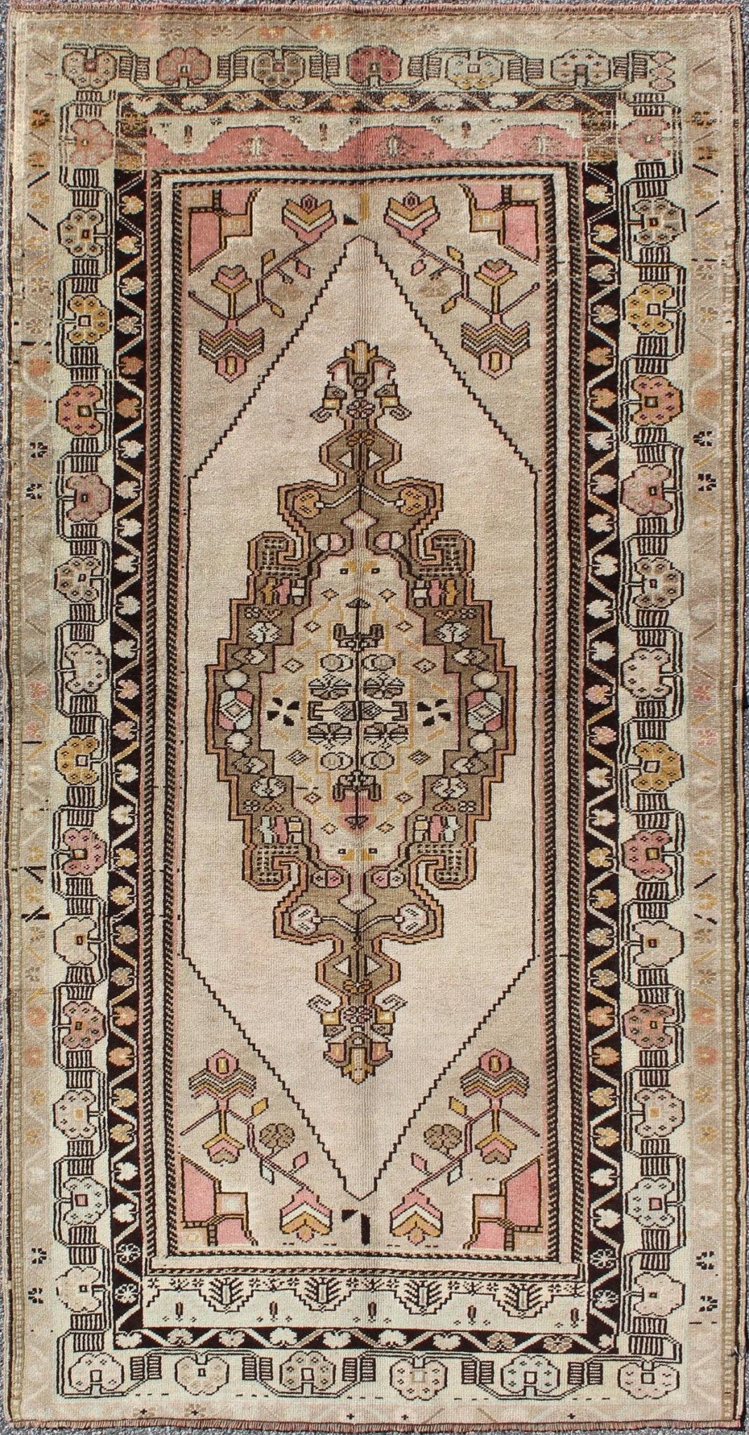 Vintage Turkey Oushak Rug with Tribal Geometric Medallion Design Measures: 3'9 x 7'7 This vintage Turkish Oushak carpet, (circa 1940) features a central medallion design, as well as patterns of smaller tribal - geometric elements in the fo... - Keivan Woven ArtsTU - TRS - 136080 - 4632Rug