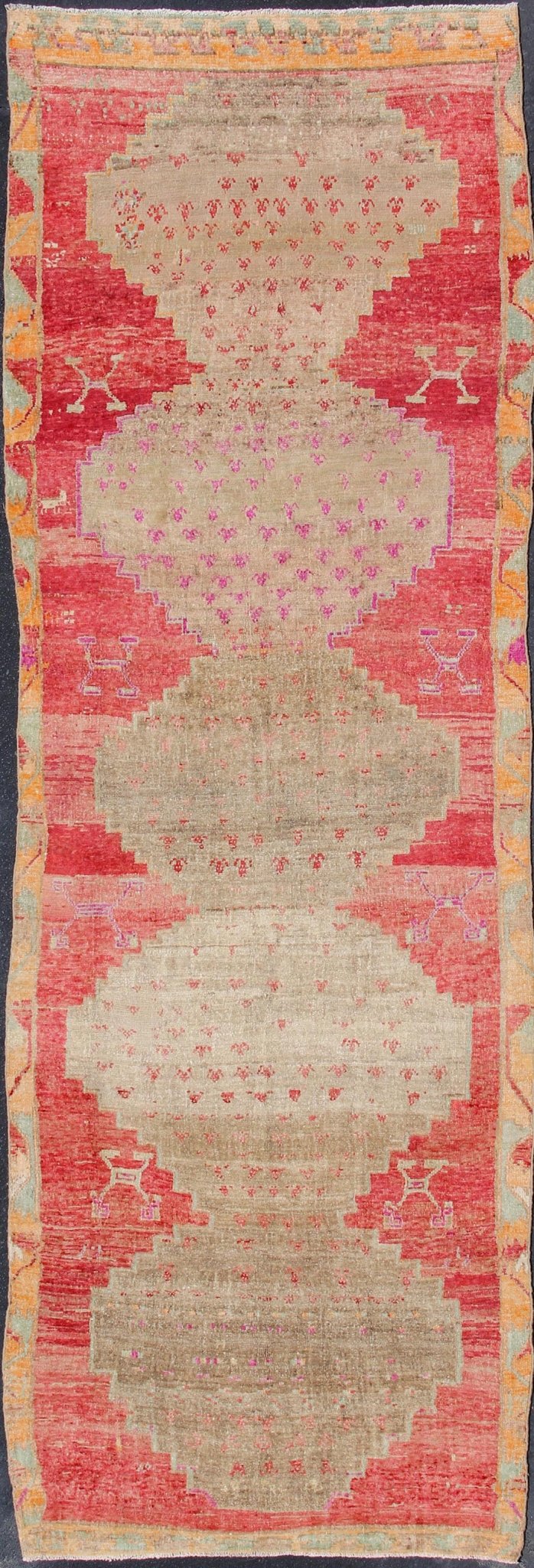 Vibrant Turkish Vintage Runner in Faded Red, Coral, Orange, Pink and Green kwarugs Turkish runner with bright colors, rug tu - trs - 176025, Keivan Woven Arts / country of origin / type: Turkey / Oushak, circa 1950 This fun and vibrant Oushak... - Keivan Woven ArtsTU - TRS - 176025 - 11451Rug