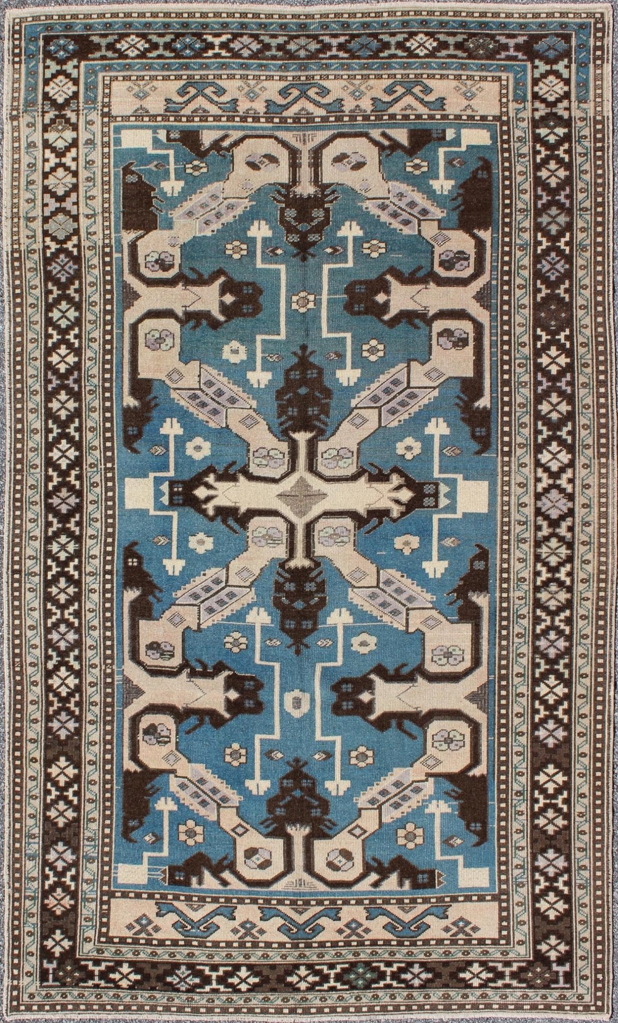 Turkish Rug with Unique Blue and Brown Colors - This stunning Turkish rug features a large geometric design and a unique color combination. Set on a blue background, this Turkish rug has variated colors of brown, taupe and other neutral hues. Measures... - Keivan Woven ArtsTU - TRS - 3255 - 5844Rug